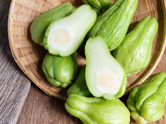 Chayote Vegetables In Weaved Basket Background