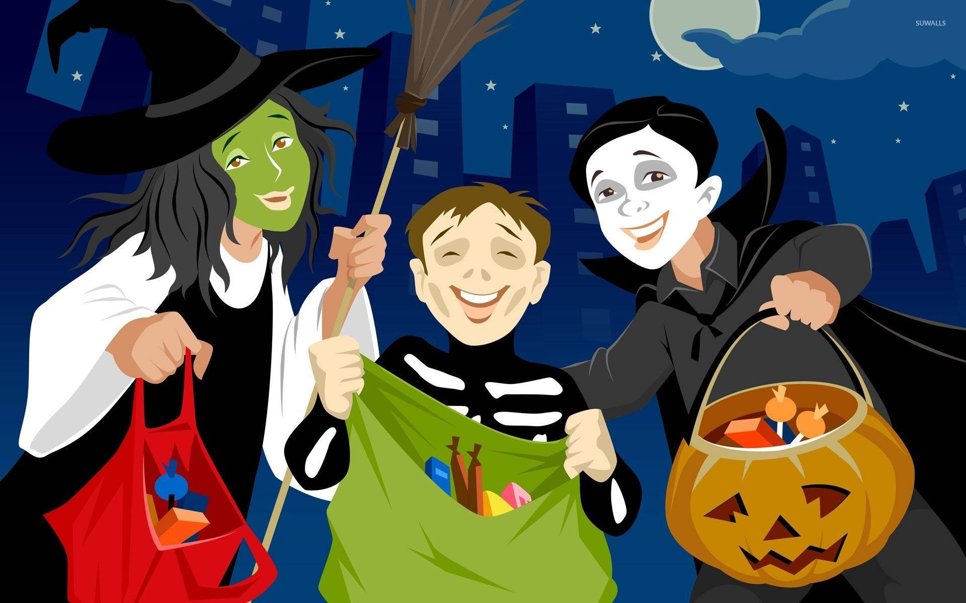 Cheerful Children Celebrating Halloween With Trick Or Treat Background