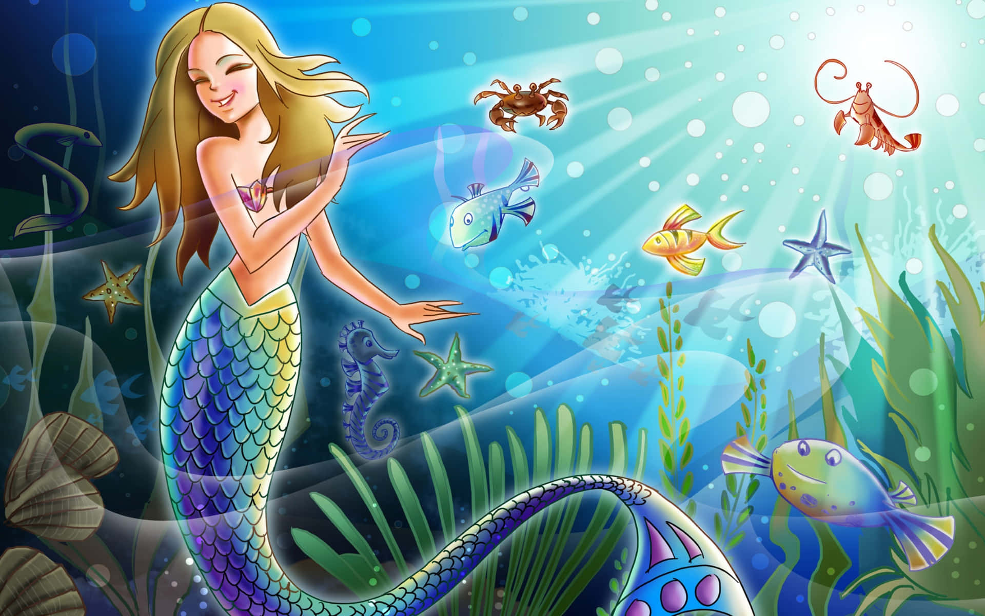 Cheerful Mermaid With Other Sea Creatures Background