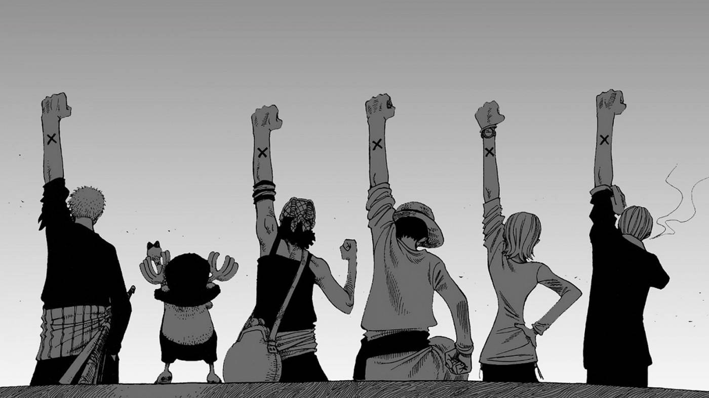 Cheering Crew And Luffy Black And White Background