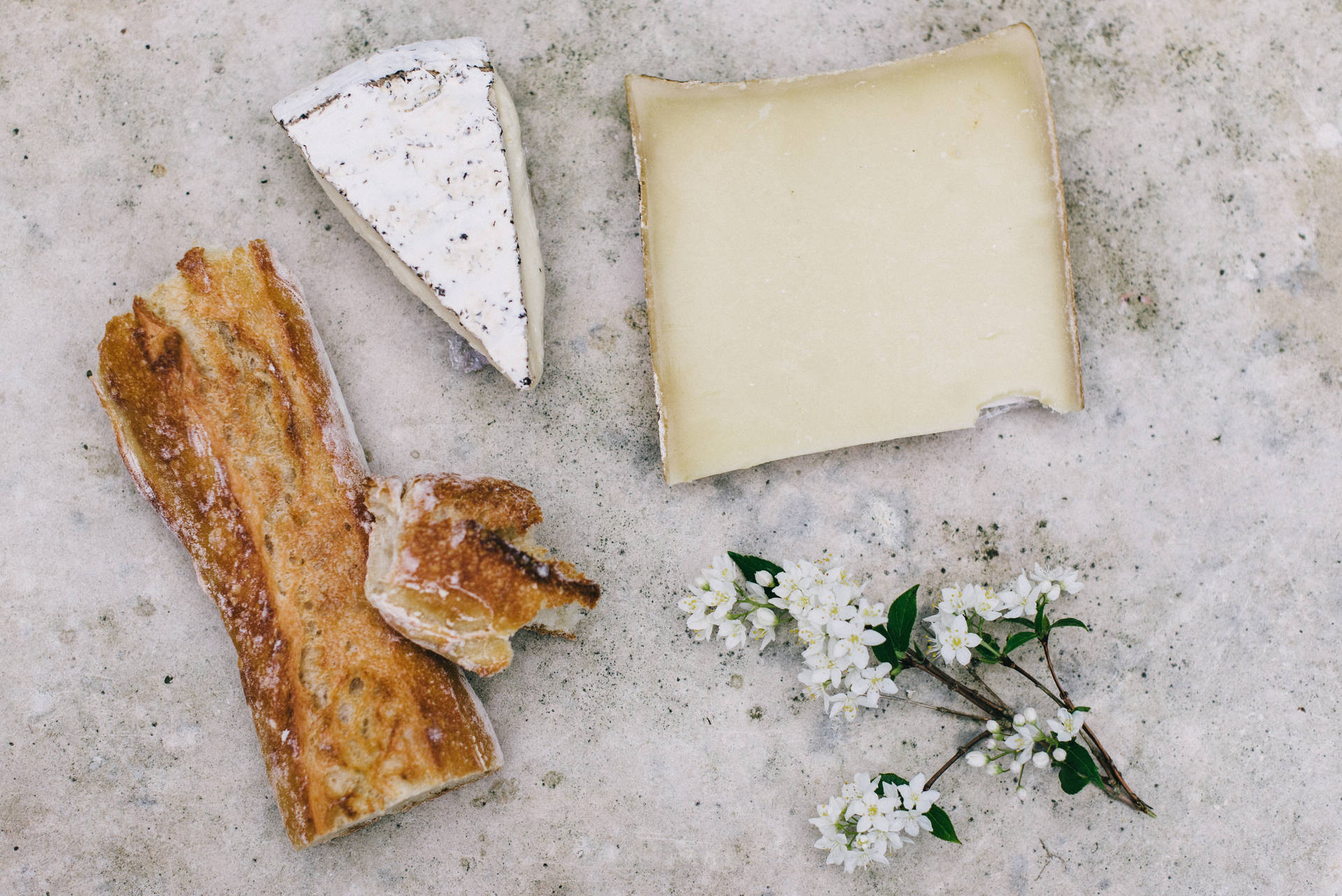 Cheese With Bread And Flowers Background