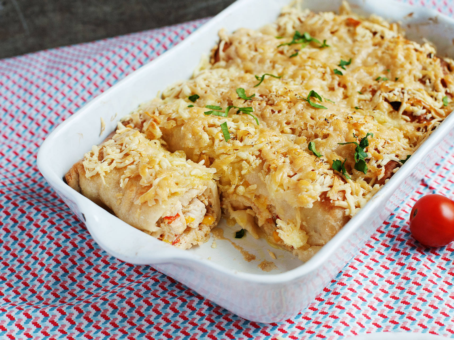 Cheesy Enchiladas On Baking Tray Background