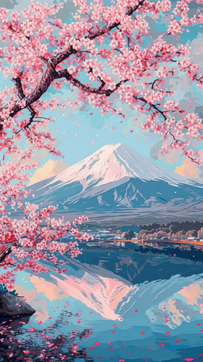 Cherry Blossom Mount Fuji Reflection Background