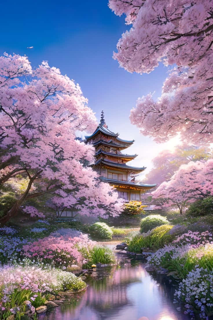 Cherry Blossom Pagoda Scenery Background