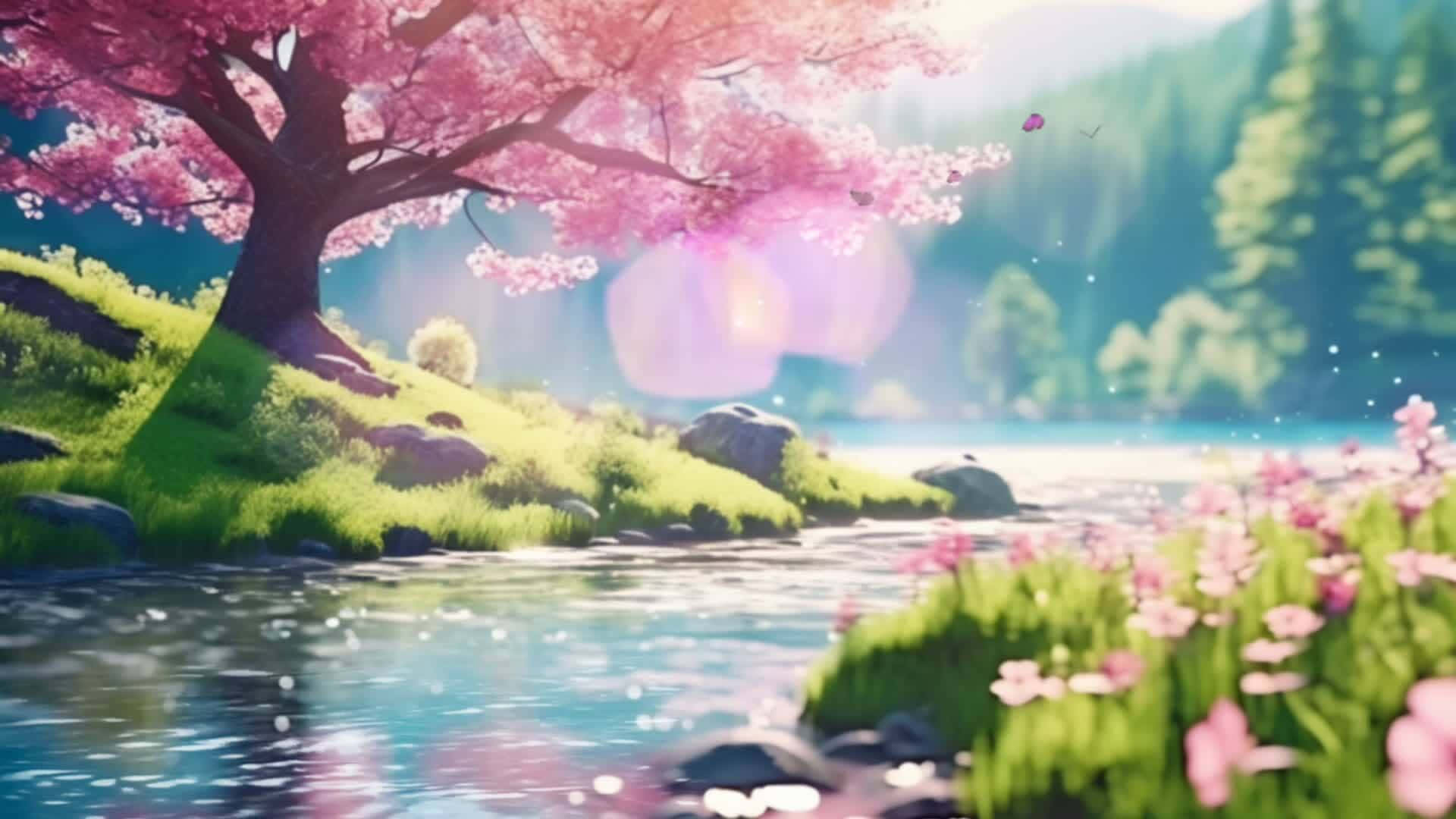 Cherry Blossom Riverside Anime Scene Background