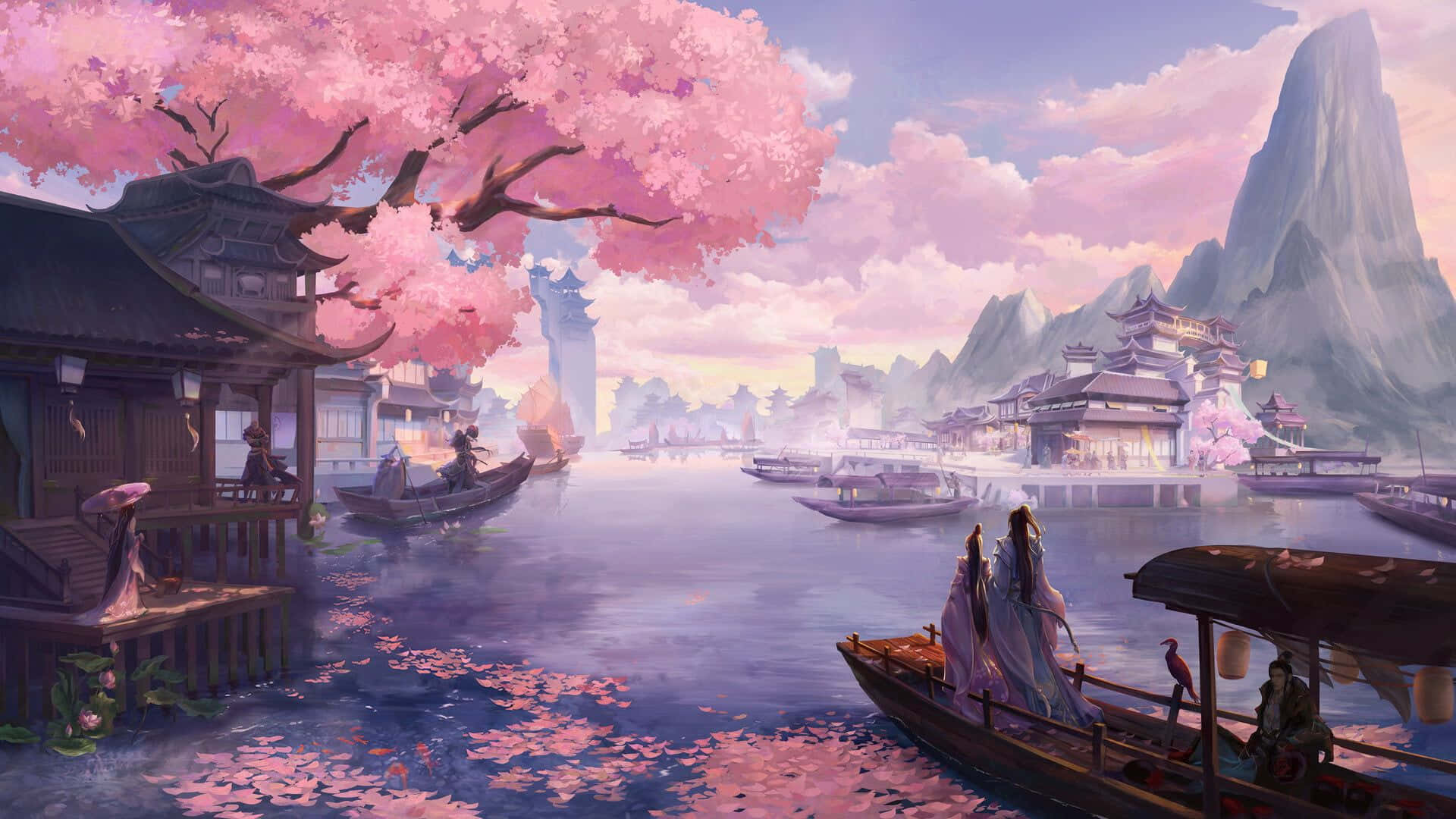 Cherry Blossom Riverside Anime Scene Background