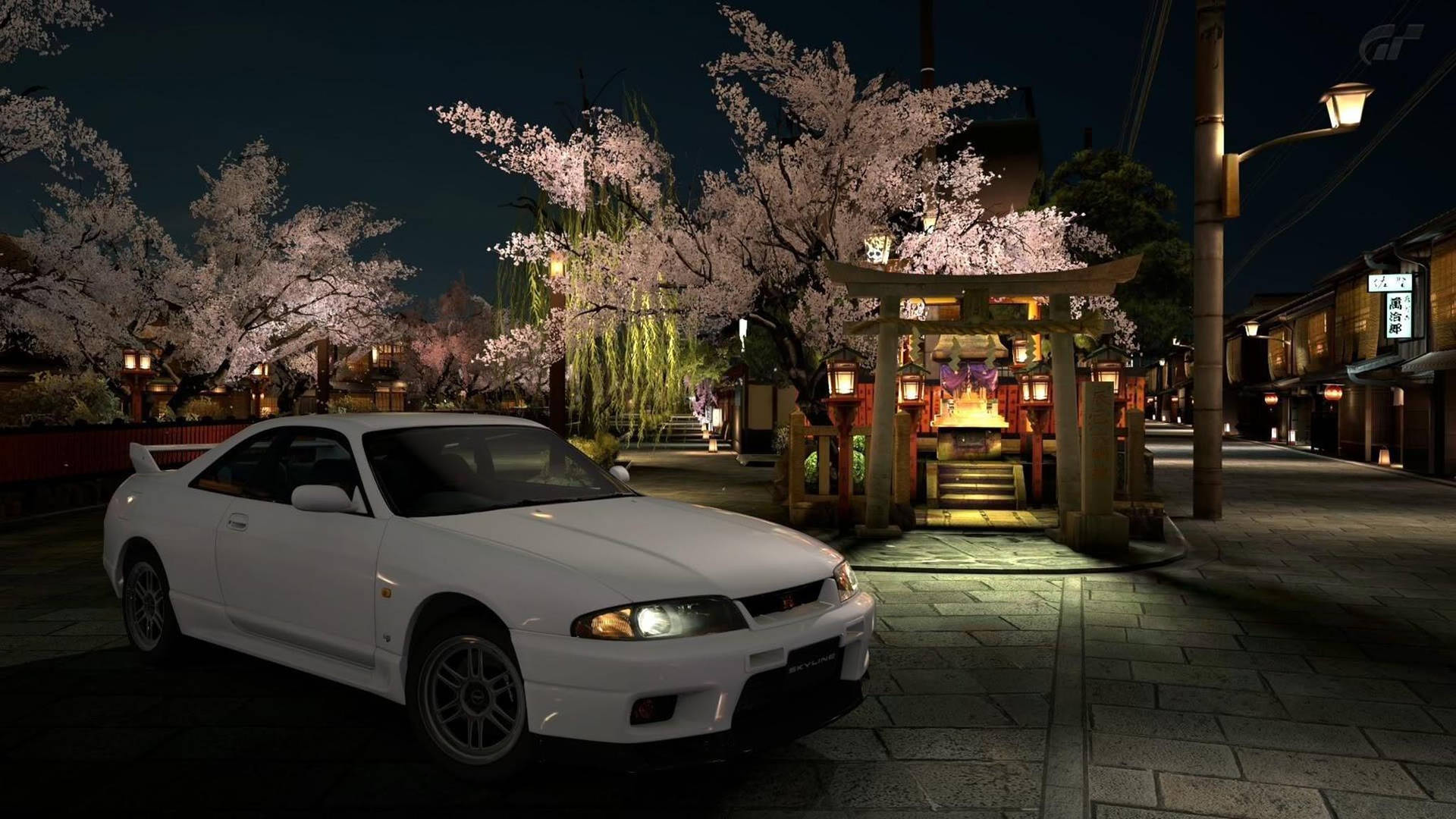 Cherry Blossom Season With The Iconic Nissan Skyline Gtr R33 Background