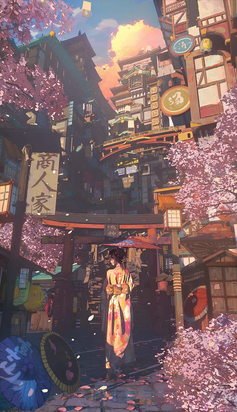 Cherry Blossom Street Anime Art Background