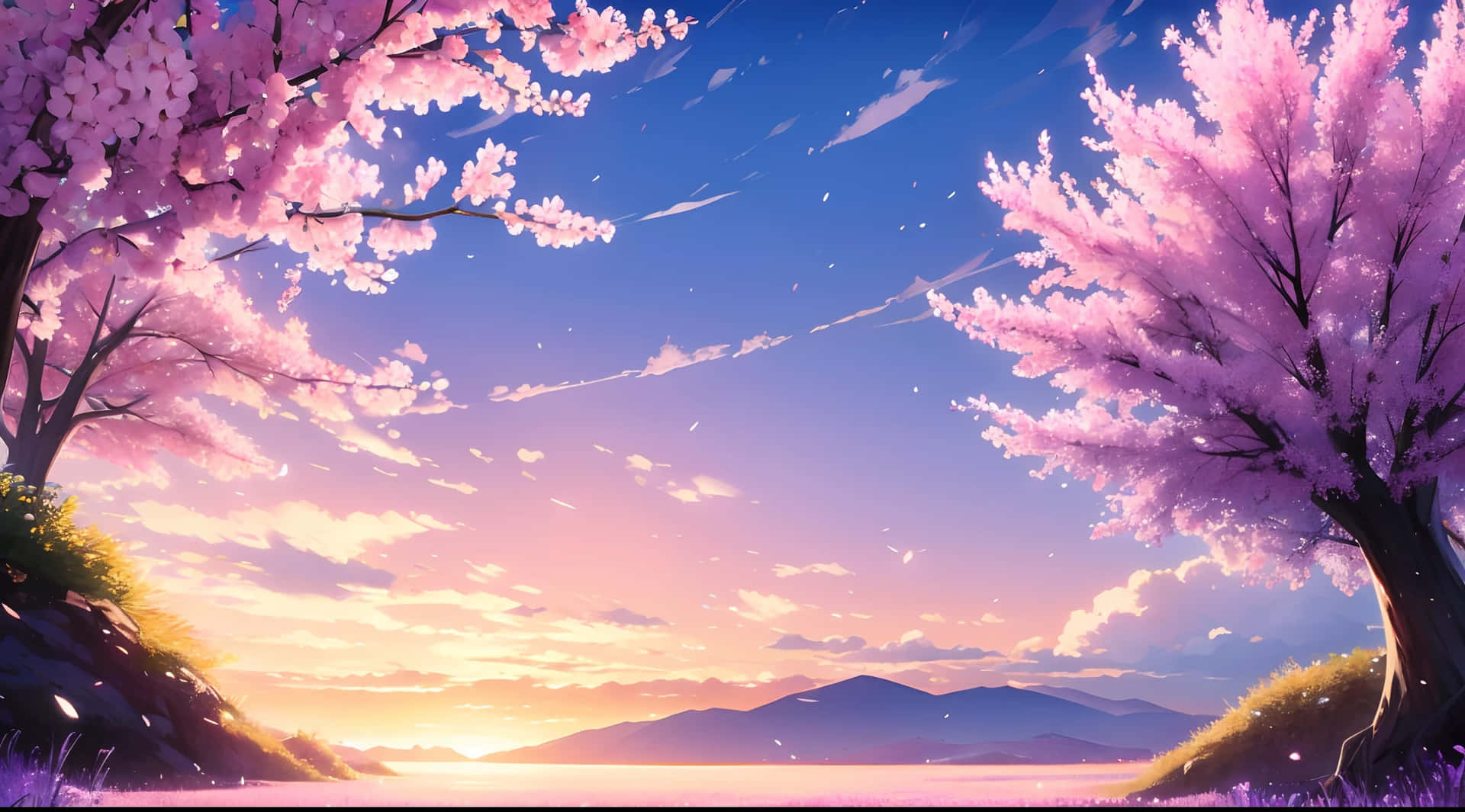 Cherry Blossom Sunset Anime Scenery Background