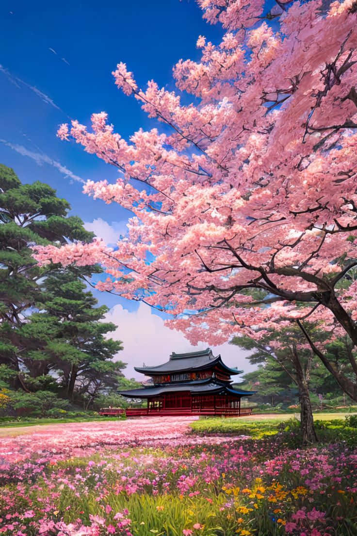 Cherry Blossom Traditional Japanese Structure Background