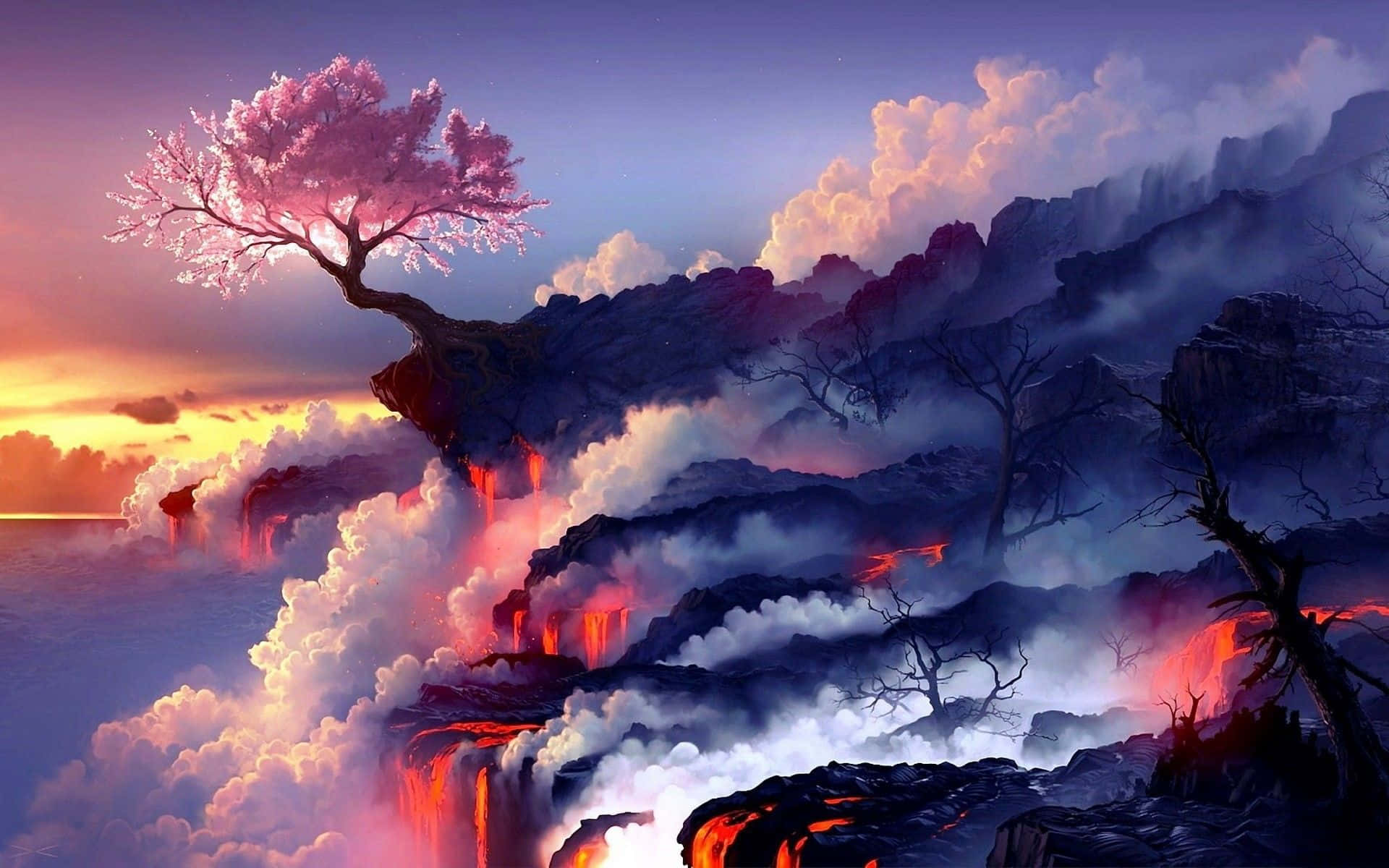 Cherry Blossom Tree Art With Lava Background