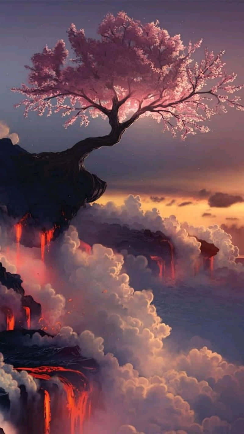 Cherry Blossoms Anime Scenery Cliff Lava Flowing Background