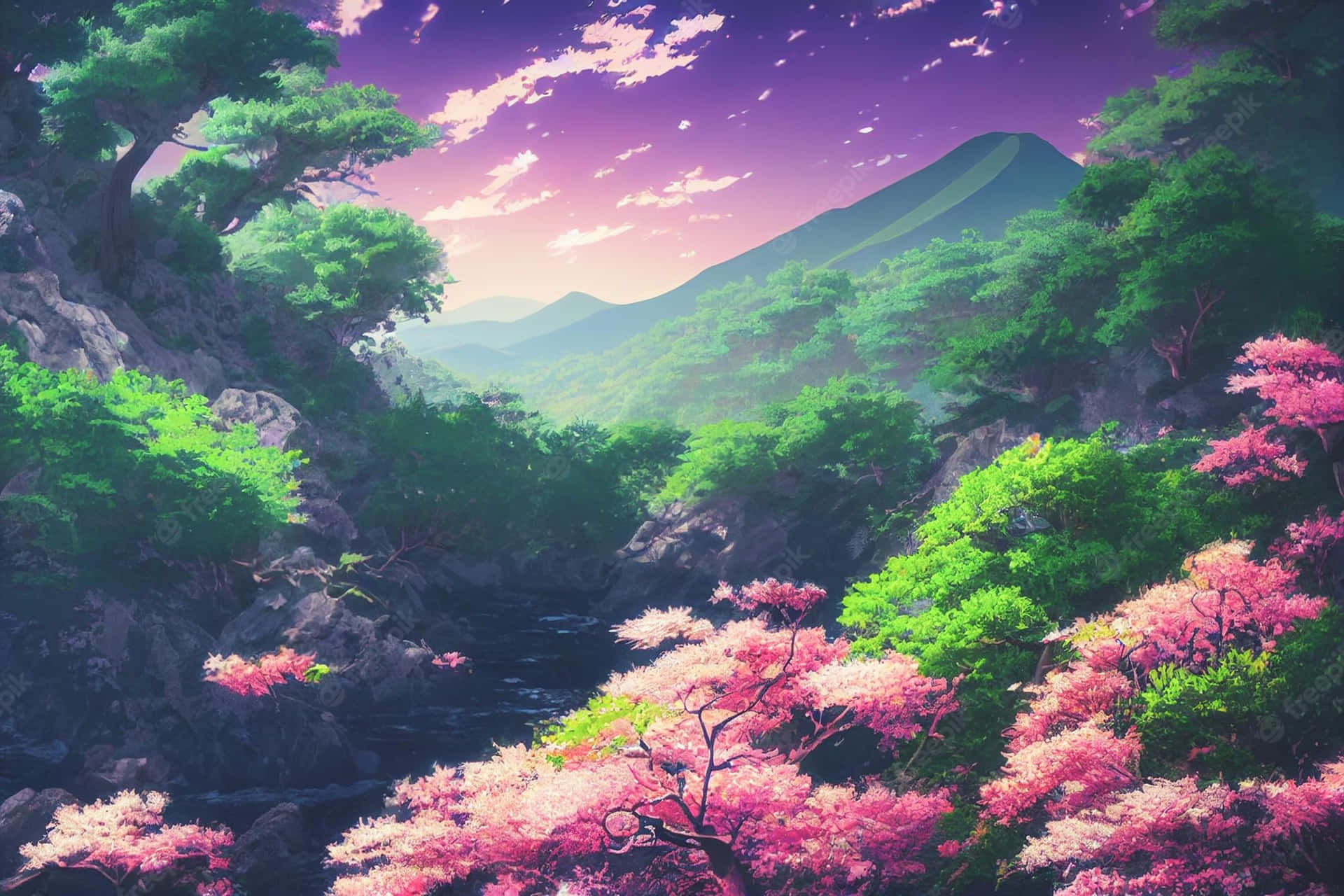 Cherry Blossoms Anime Scenery Mountain Background