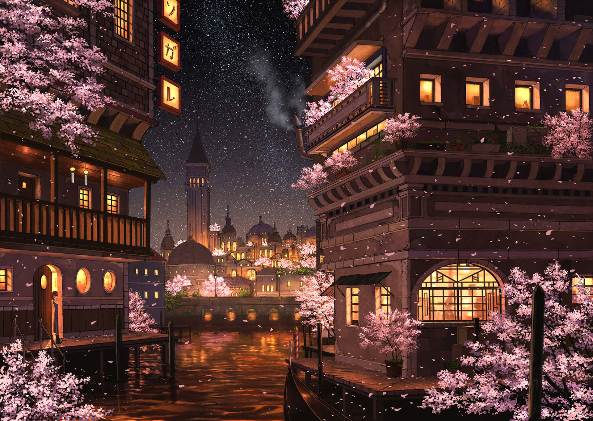 Cherry Blossoms Anime Scenery Night Buildings Background