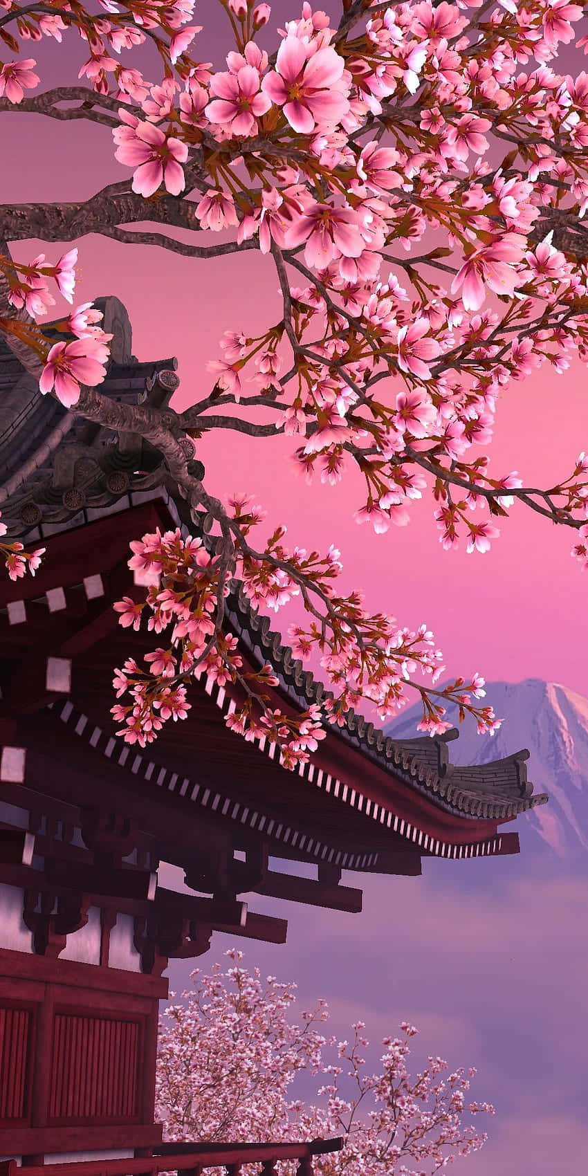 Cherry Blossoms Anime Scenery Temple Pink Skies Background