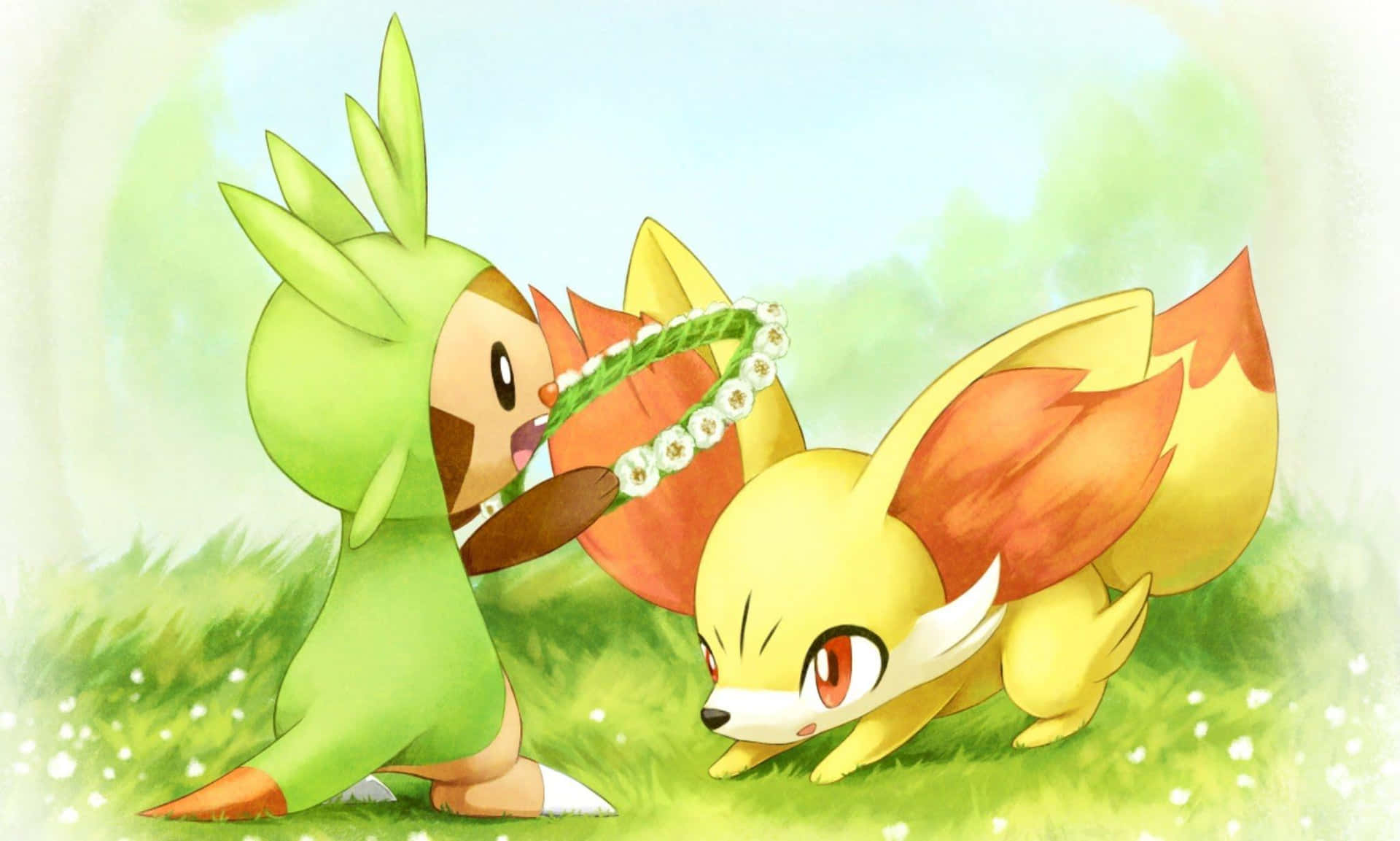 Chespin Giving Flower Crown To Fennekin Background