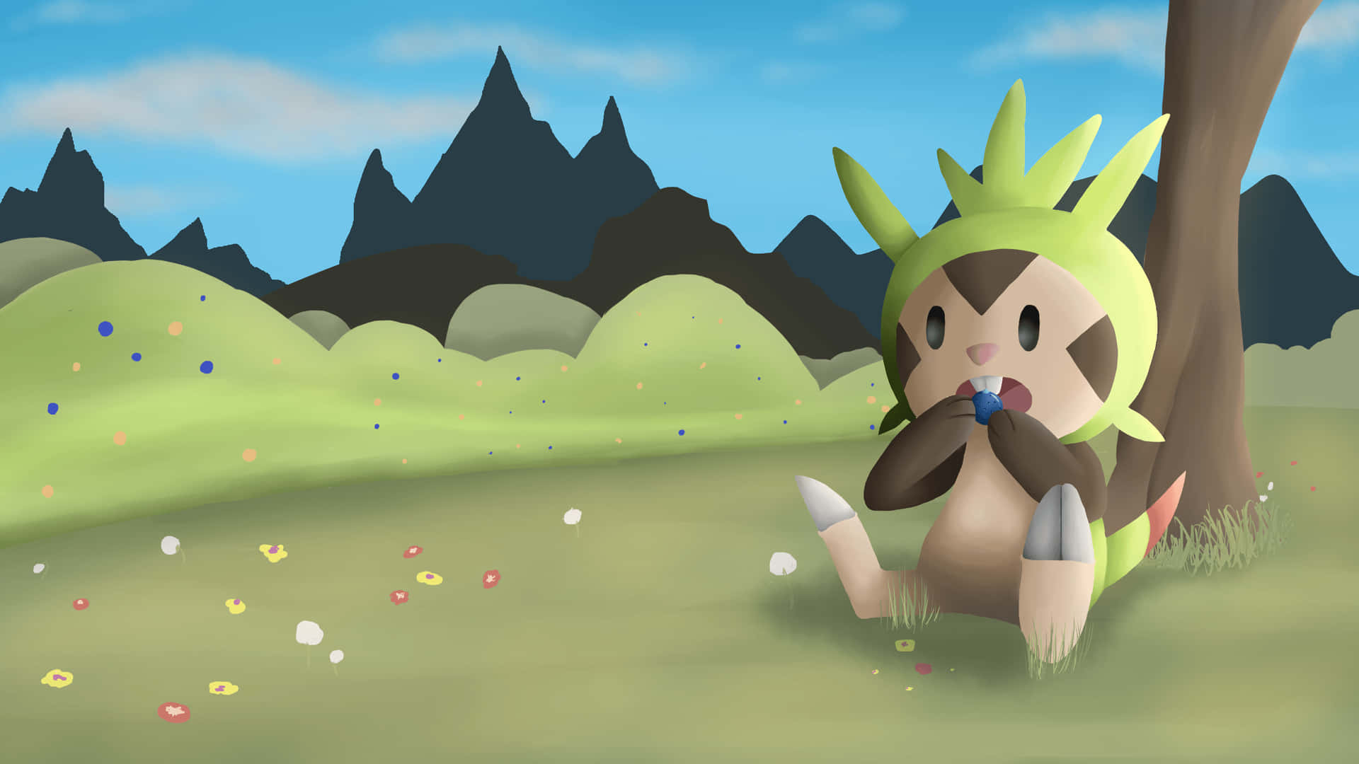 Chespin Sitting On Grass Background