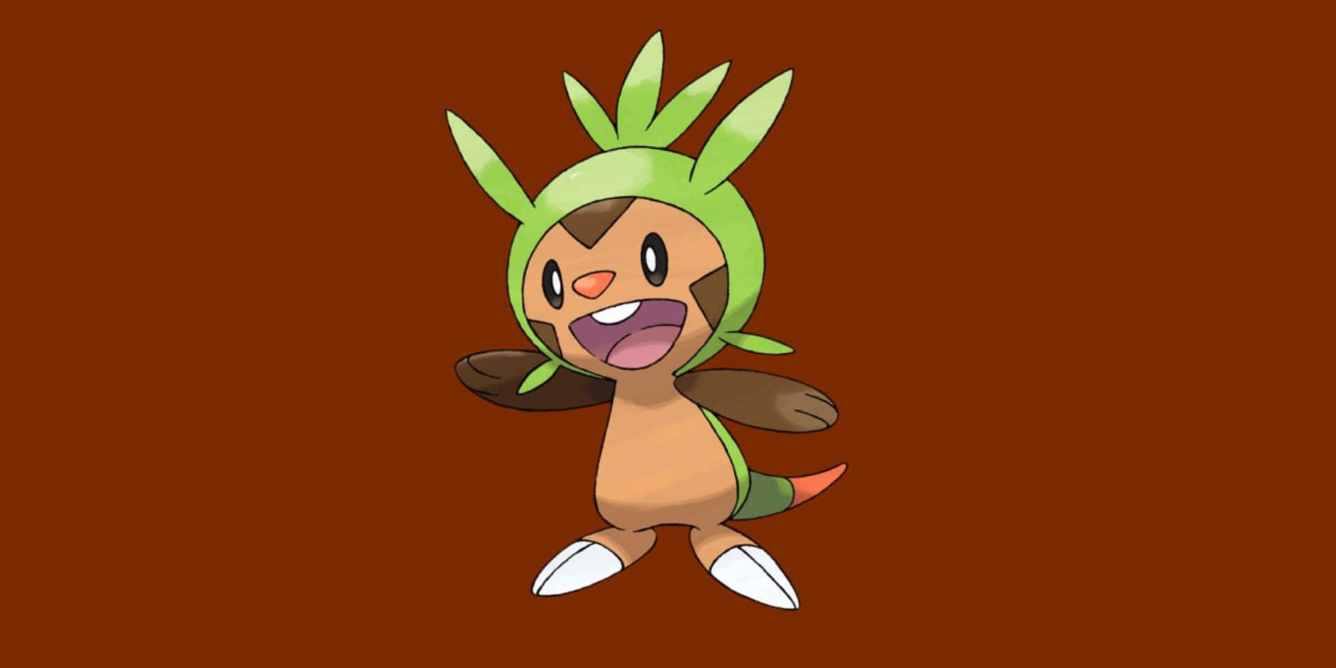 Chespin Smiling Against Dark Brown Background