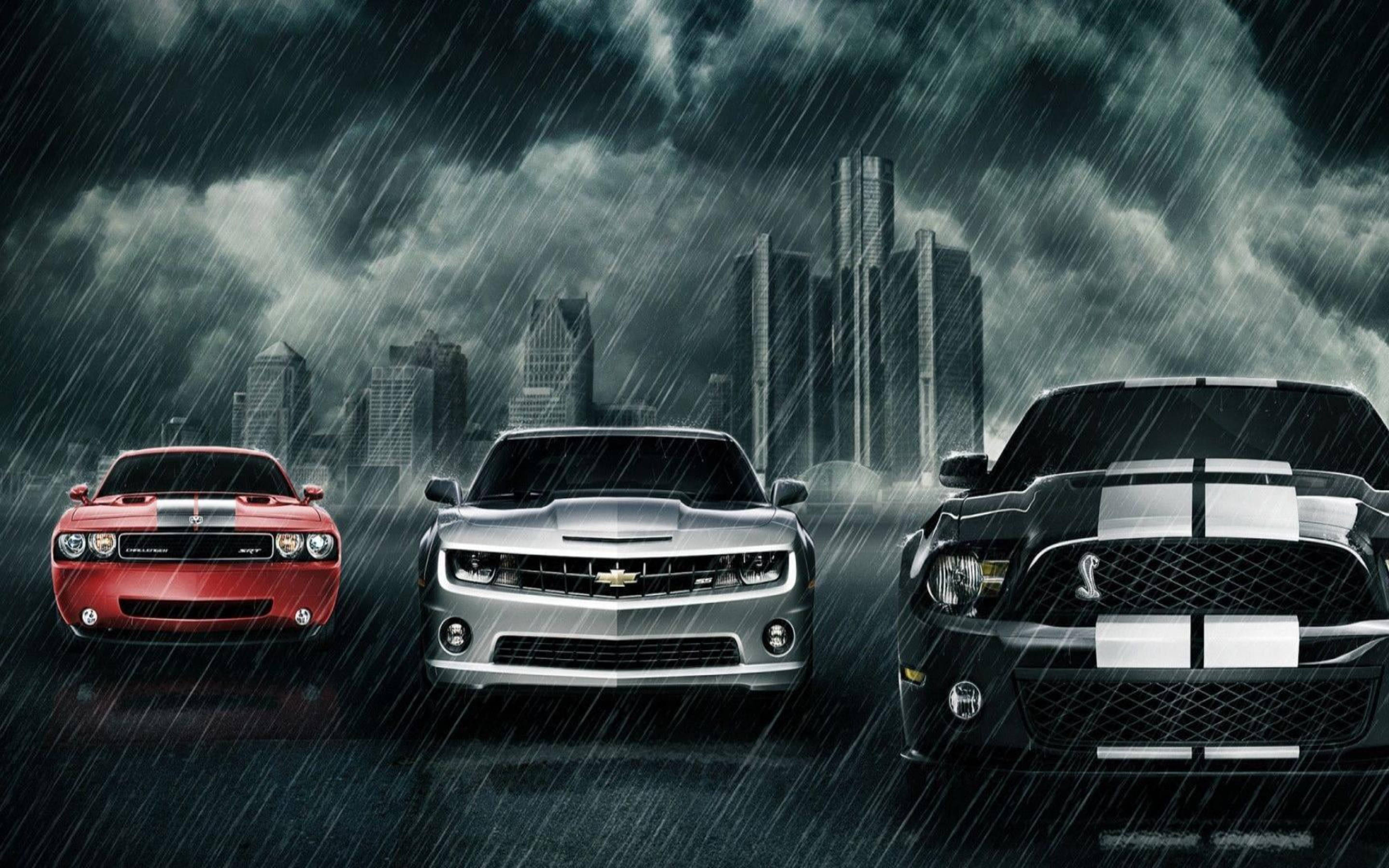 Chevrolet Camaro Muscle Cars Under The Rain Background