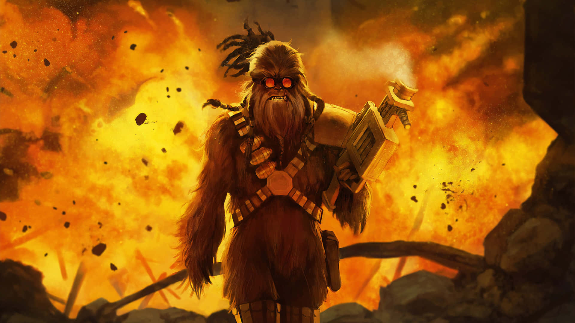 Chewbacca_ Fierce_ Warrior_ Amidst_ Explosion_ Ultra Wide Background