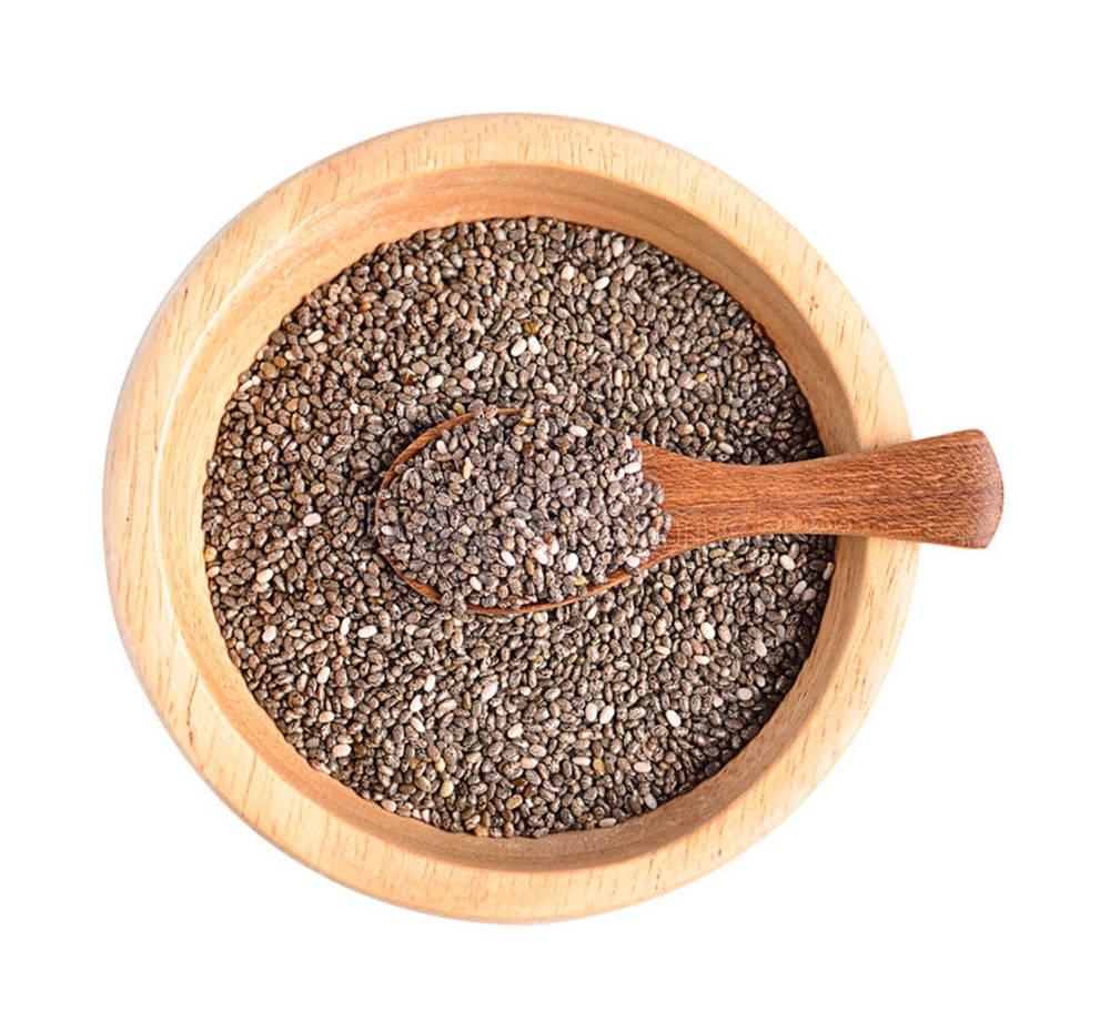 Chia Seeds In Wooden Bowl With Spoon Background