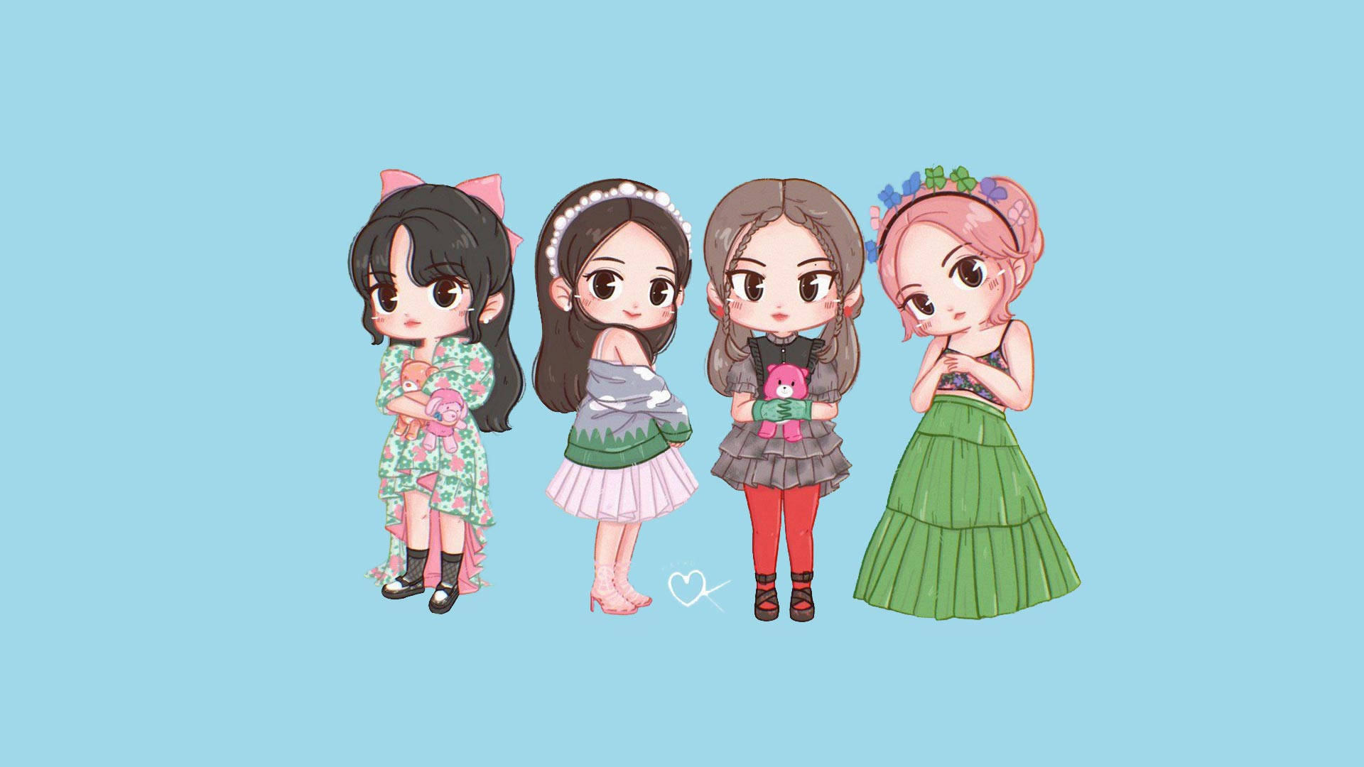 Chibi Blackpink Anime Girls In Frilly Clothes Background