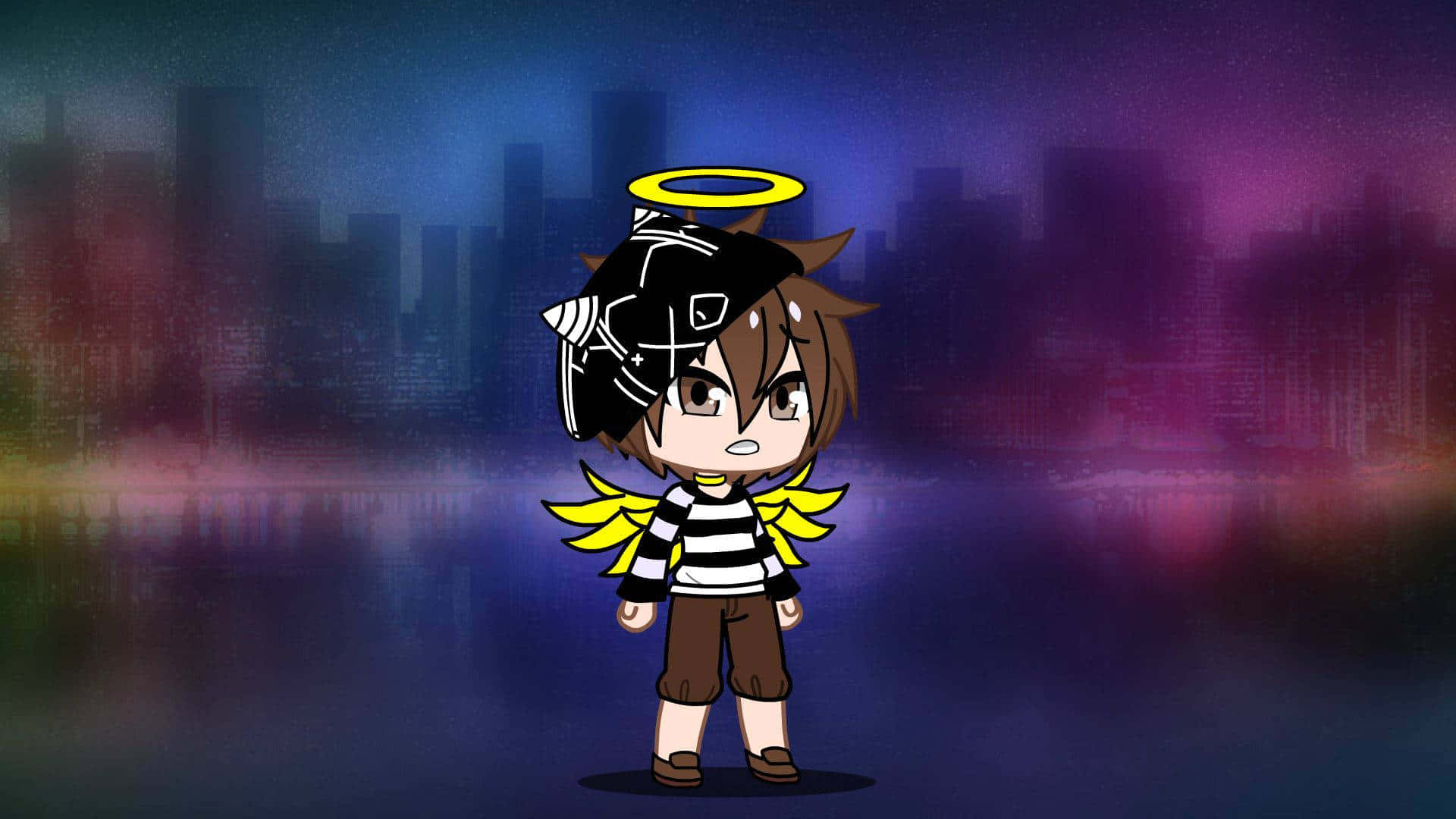 Chibi Style Angel Character Cityscape Background Background