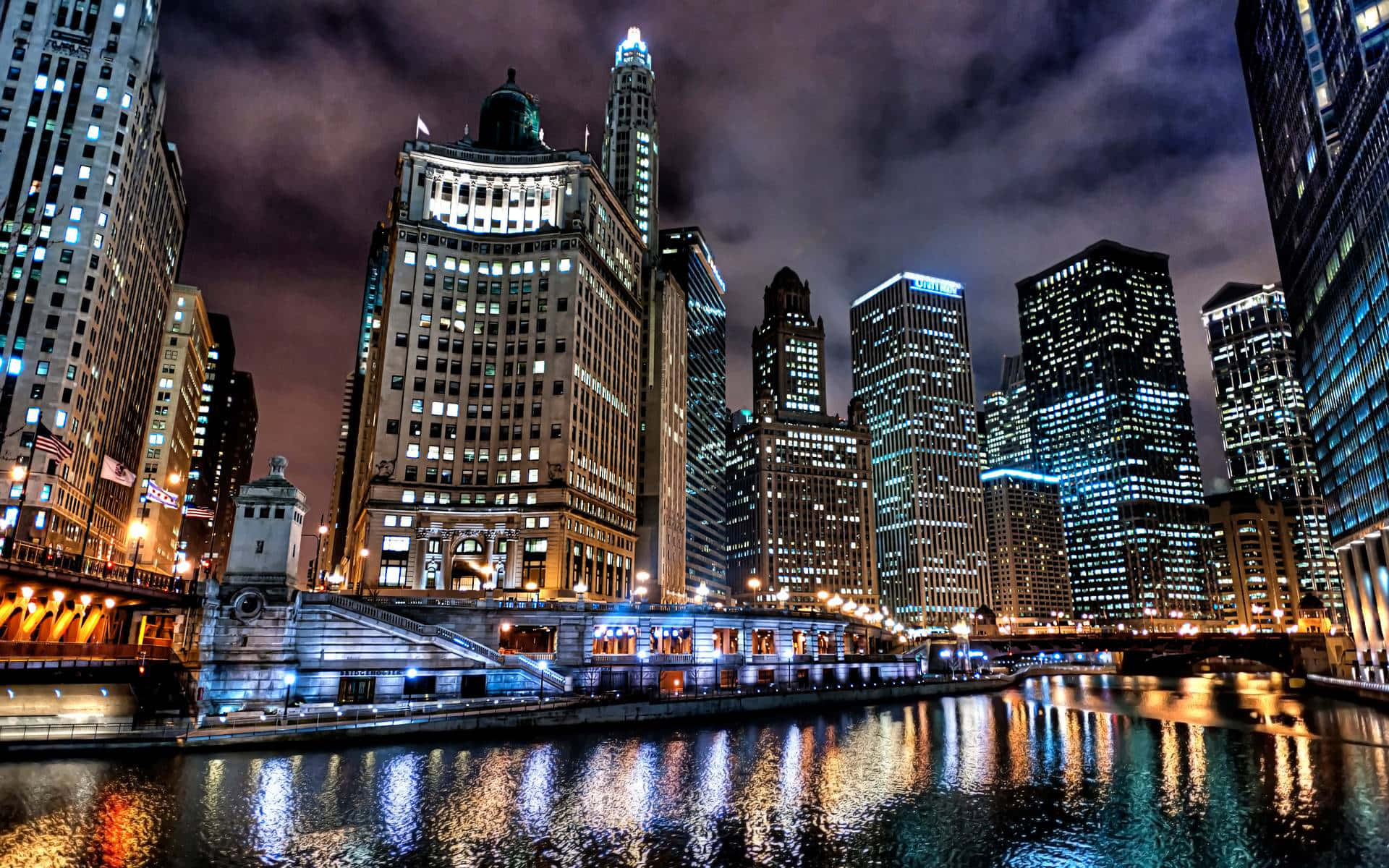 Chicago City Night By The River
