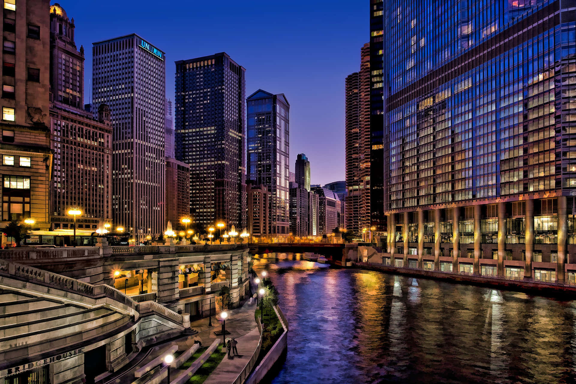 Chicago City Night By The River Background