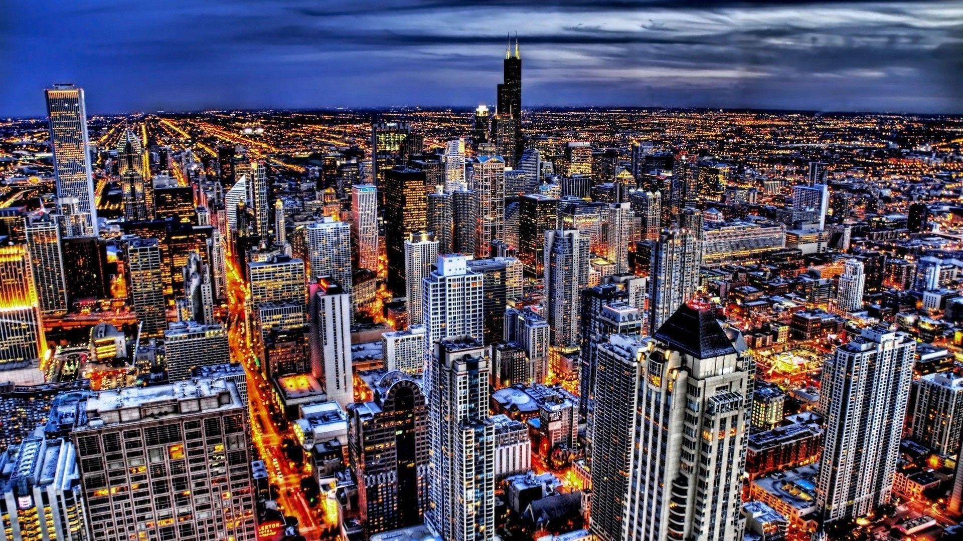 Chicago Skyline Night Aerial Perspective Background