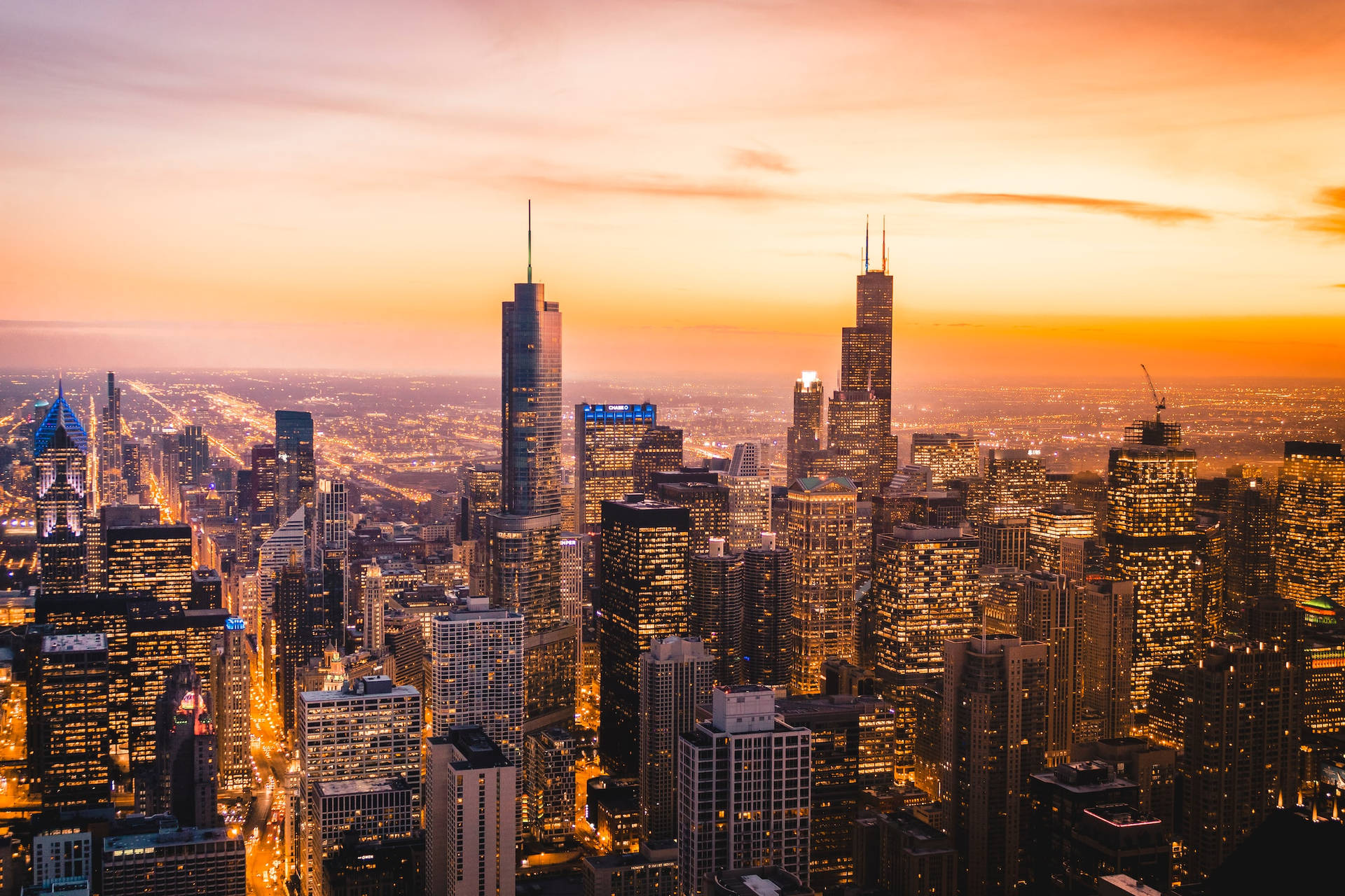 Chicago Skyline Sunset Willis Tower Background