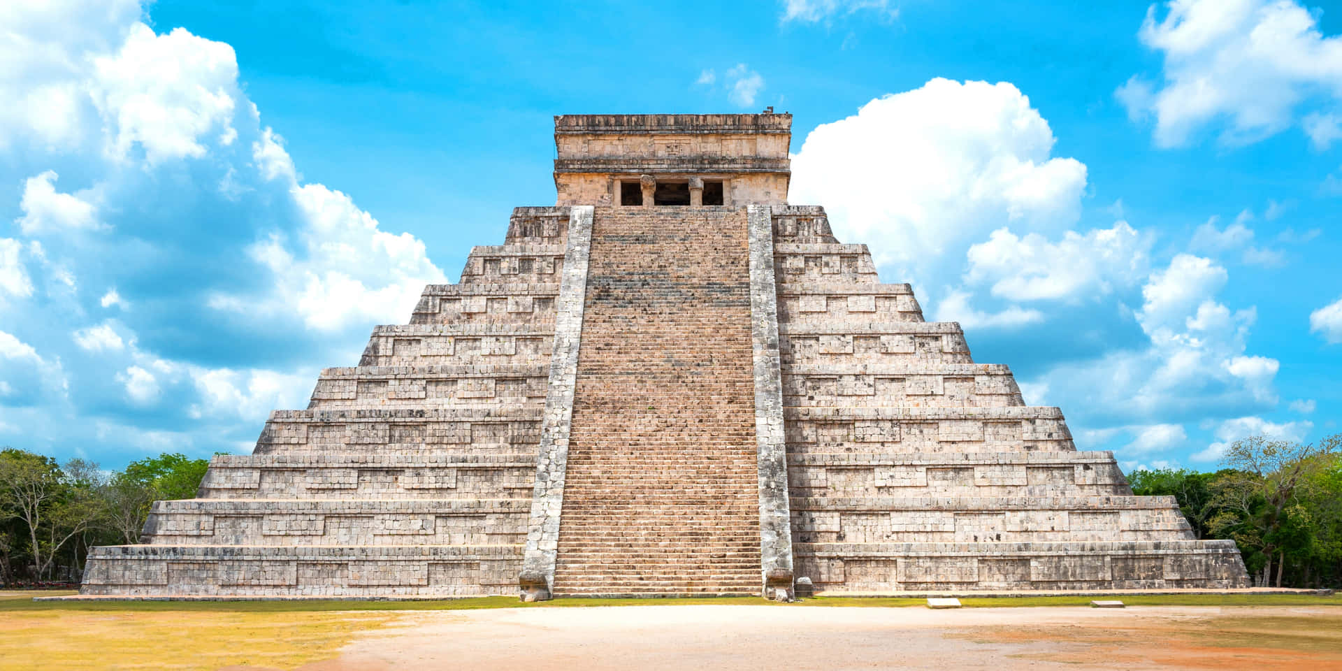 Chichen Itza Mexico Bright Blue Sky Background