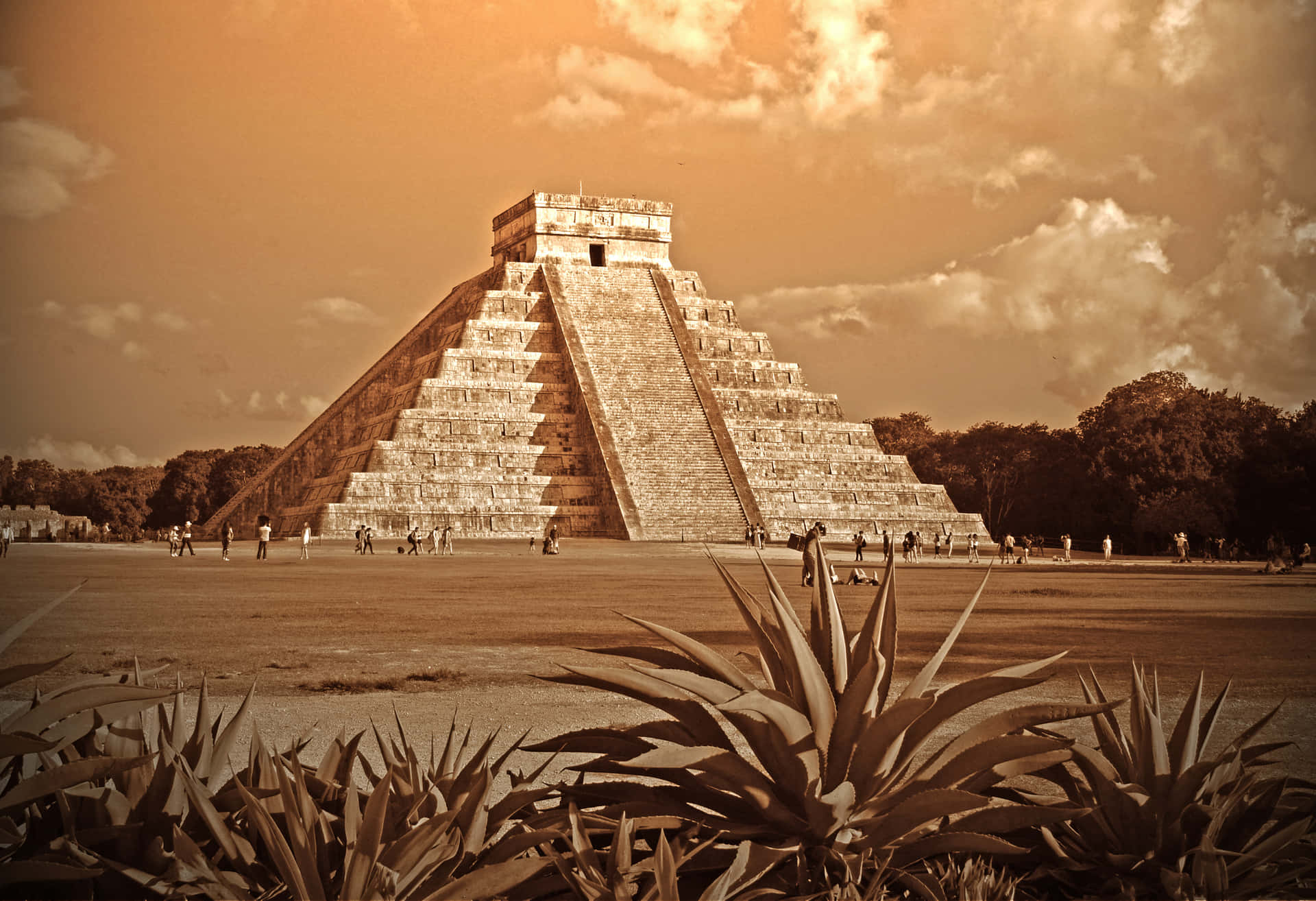 Chichen Itza Mexico El Castillo Sunset Background