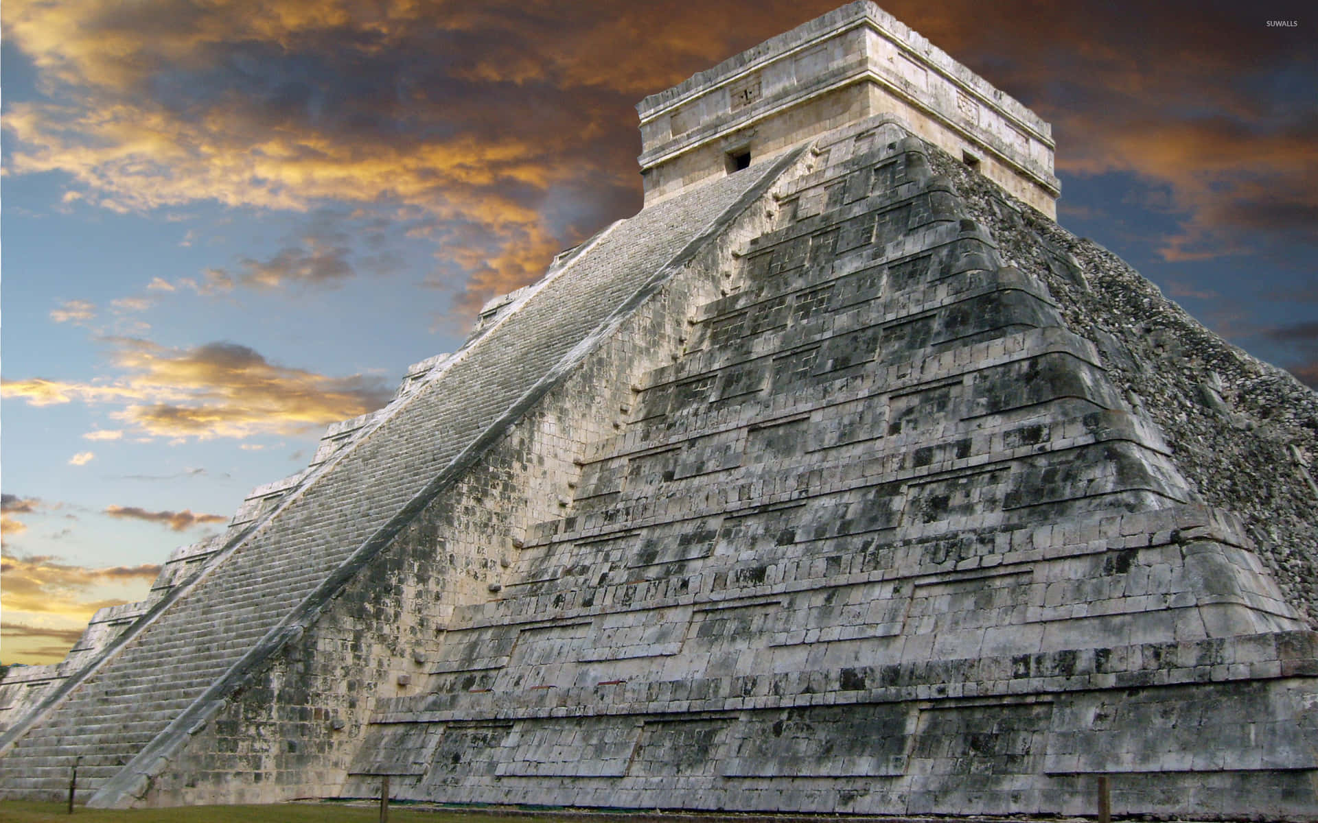 Chichen Itza Mexico Orange Clouds Background