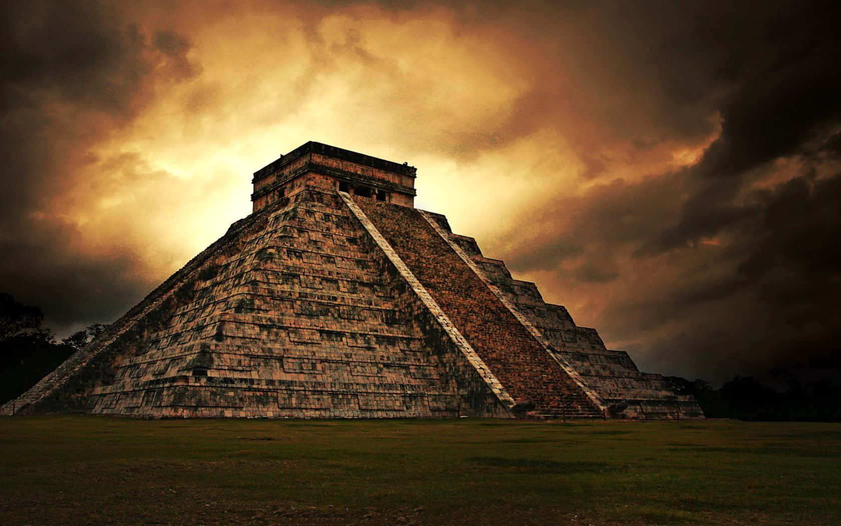 Chichen Itza Mexico Orange Dark Clouds