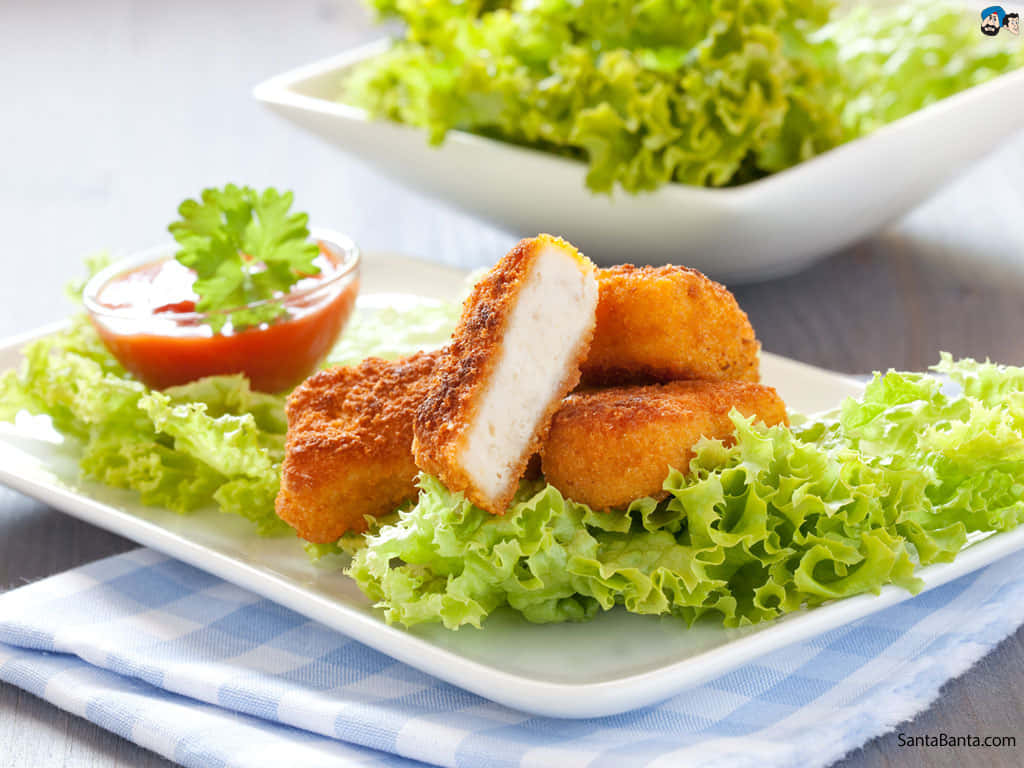 Chicken Nuggets With Leaves Background