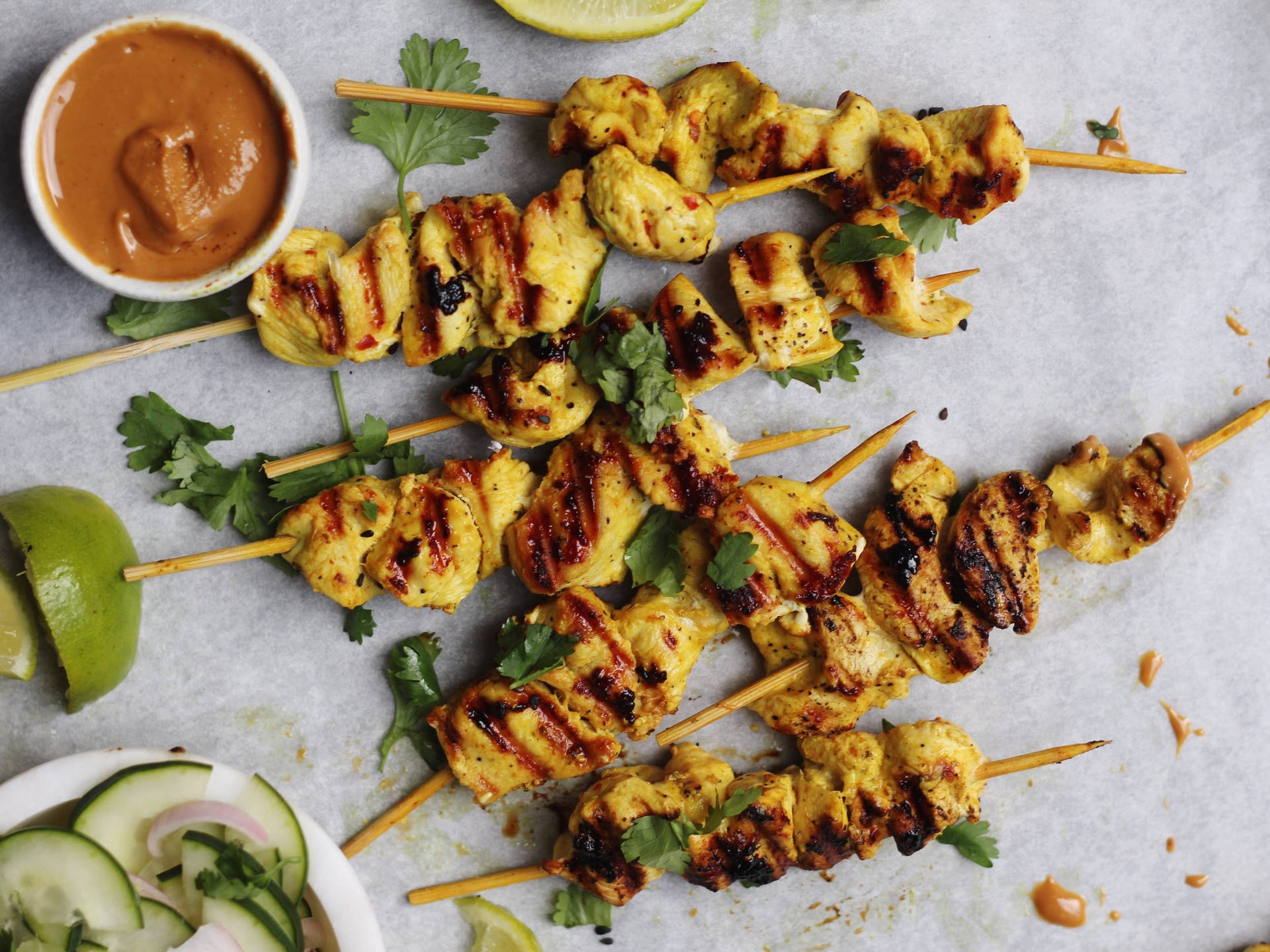 Chicken Satay Asian Dish On Baked Parchment Paper Background