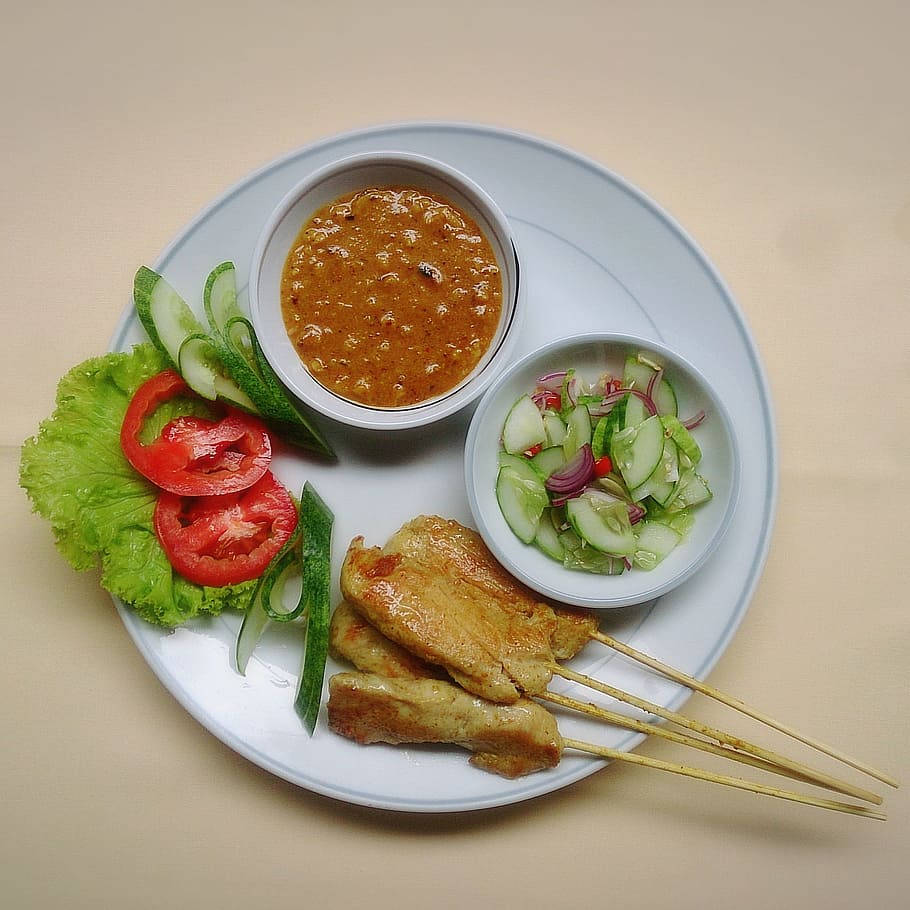 Chicken Satay Asian Dish With Peanut Dipping Sauce Background