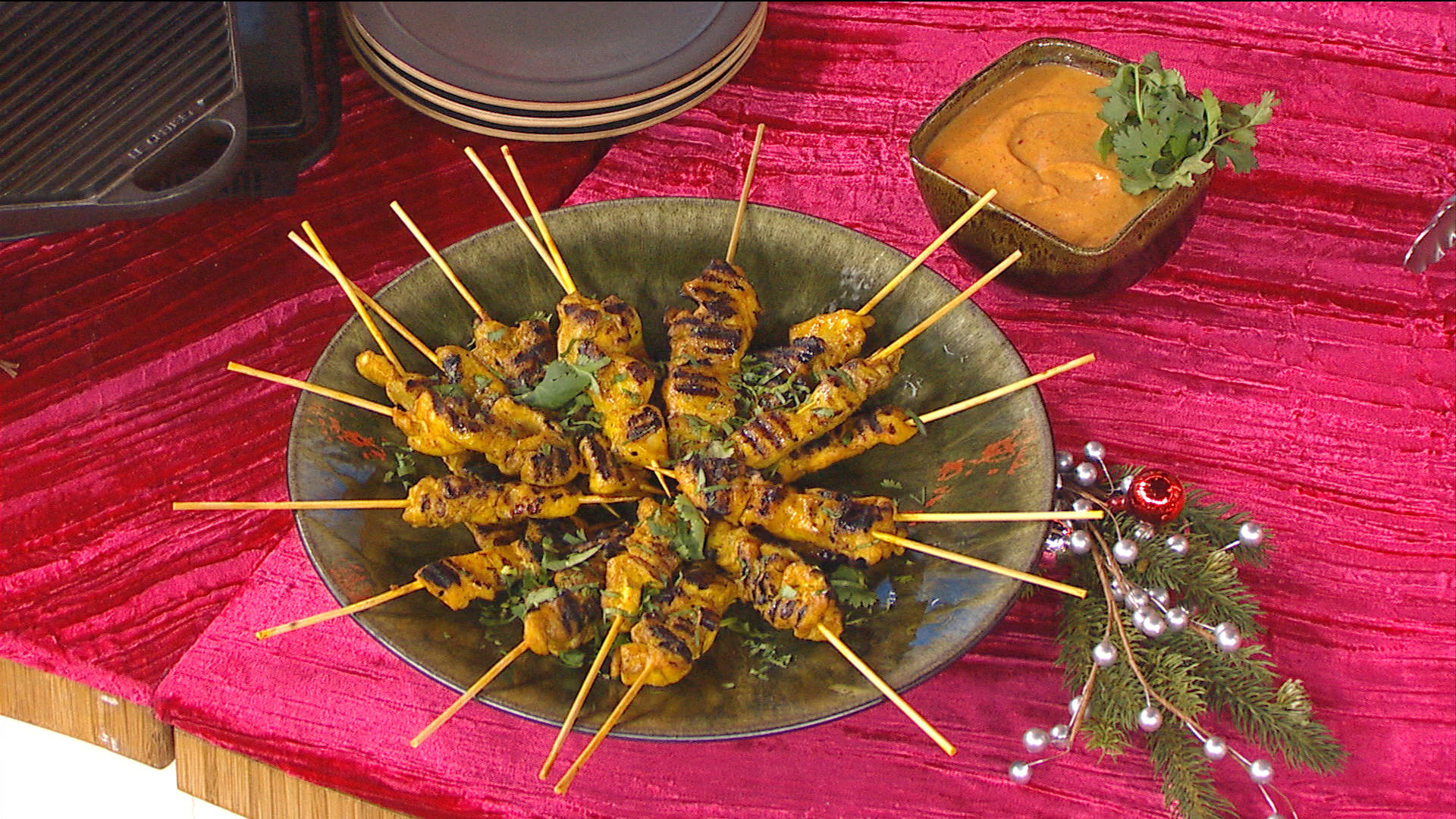 Chicken Satay Southeast Asian Dish On Plate Background