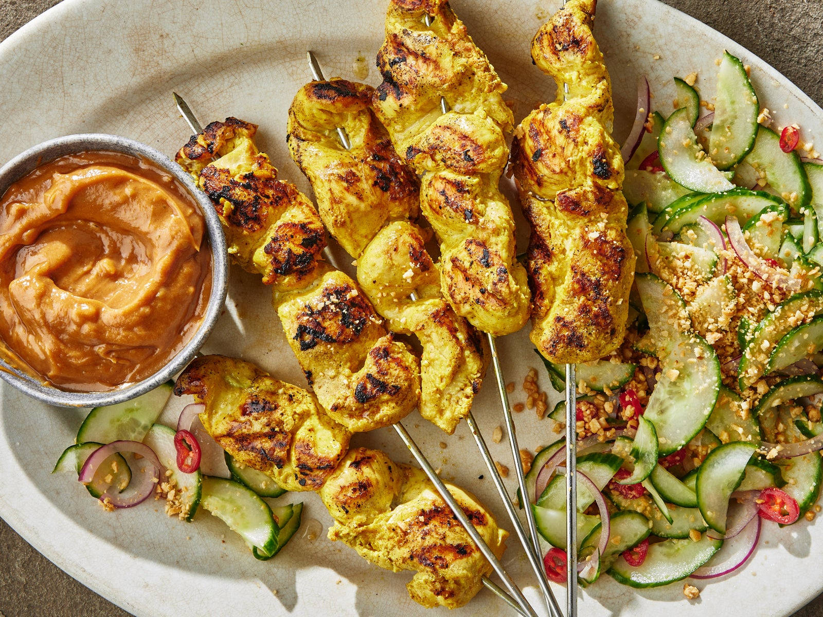 Chicken Satay With Peanut Sauce And Cucumber Salad Background