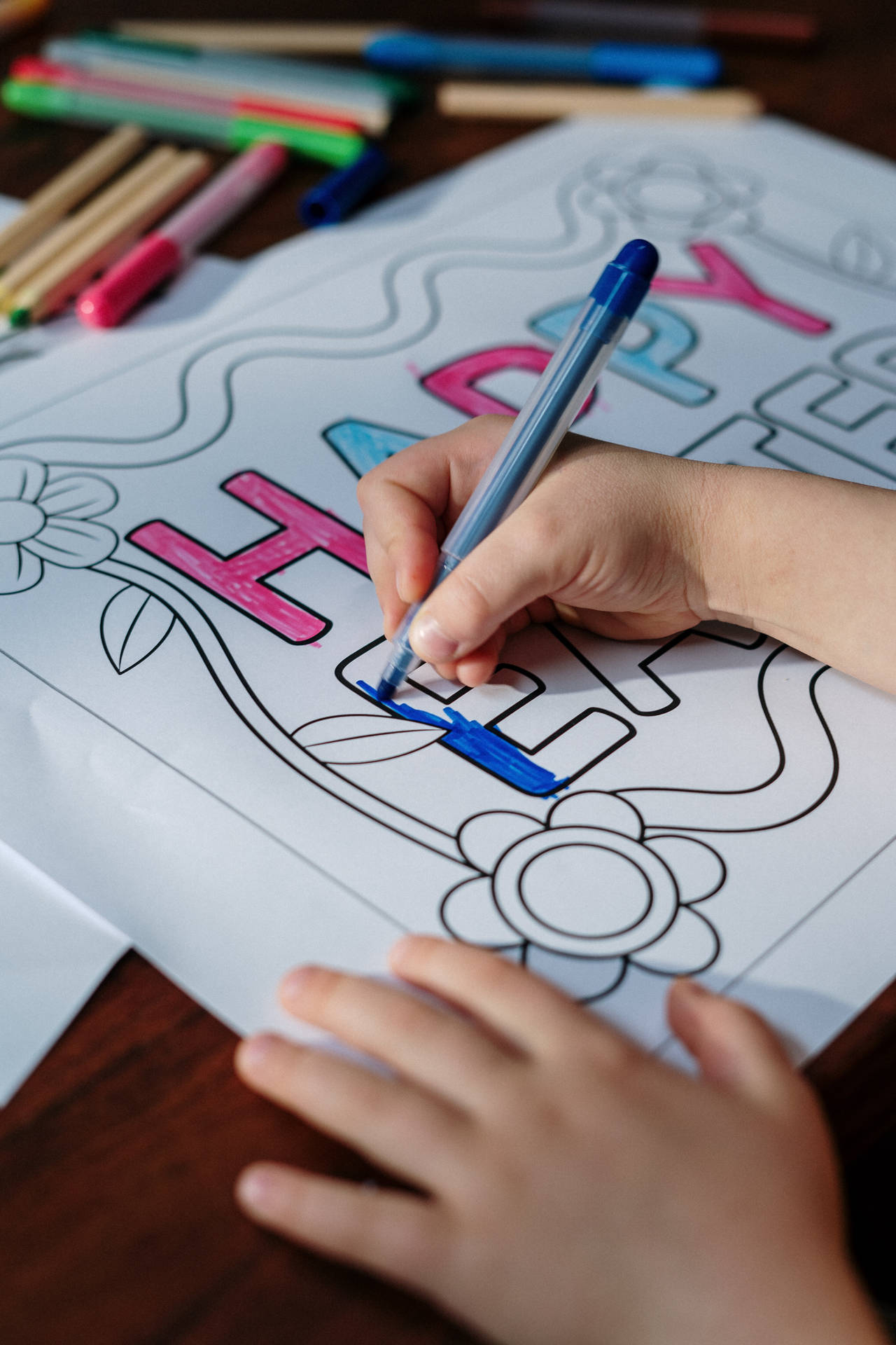 Child Hands Coloring Happy Easter Banner
