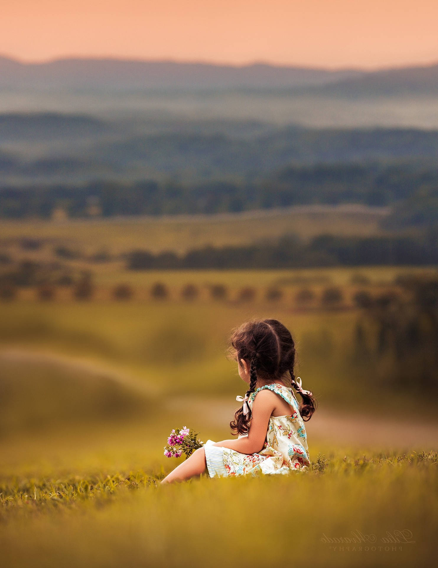 Child Holding Flowers In The Fields Background