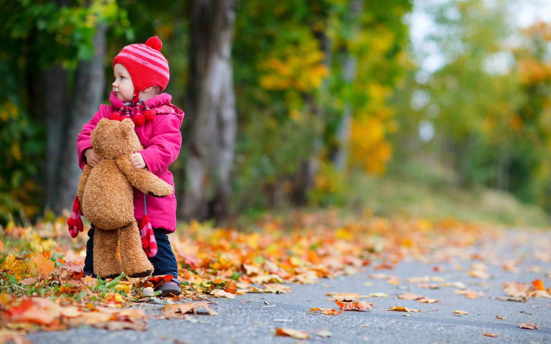 Child Holding Teddy Bear On The Road Autumn Background