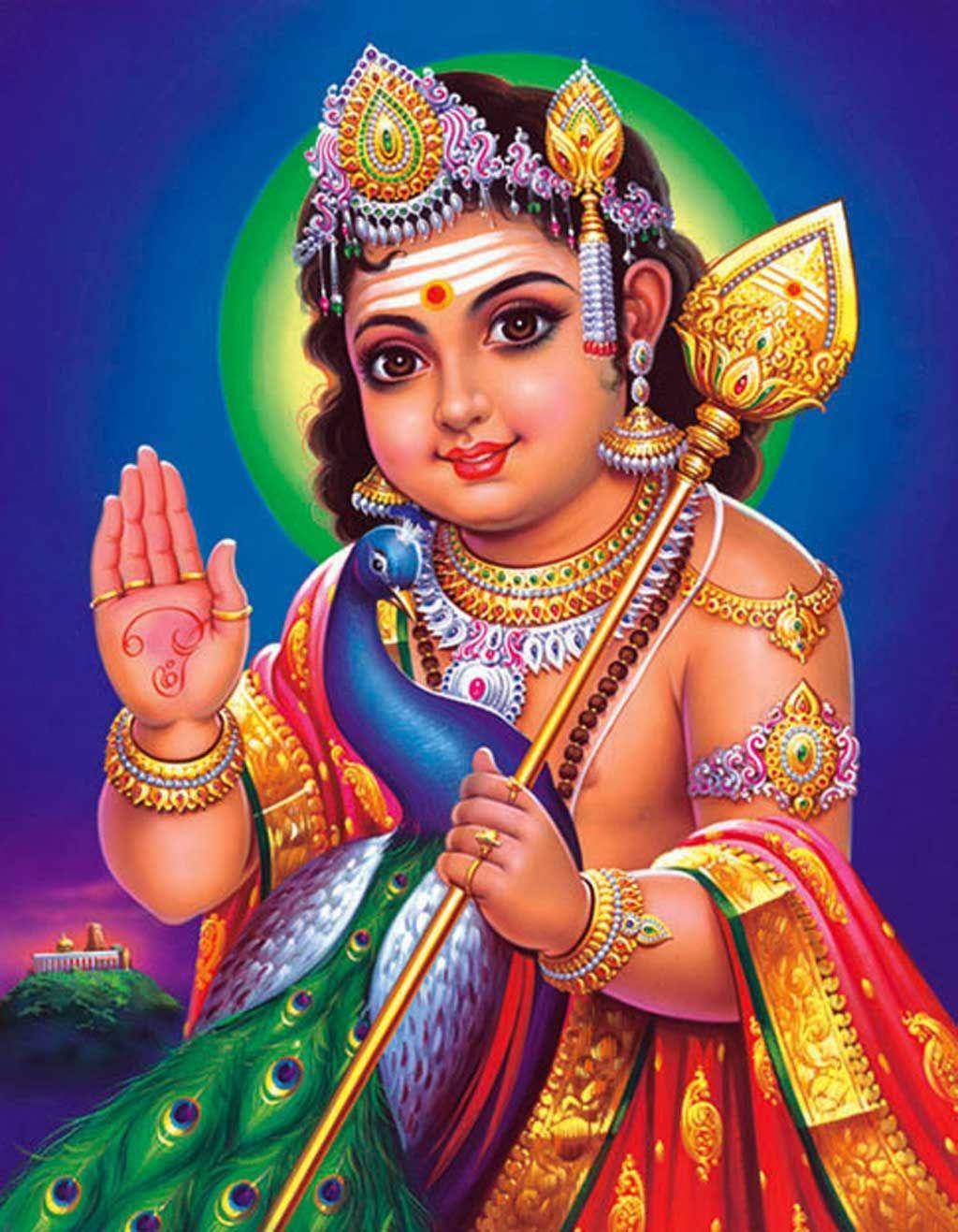 Child Murugan With Spear And Peacock Background