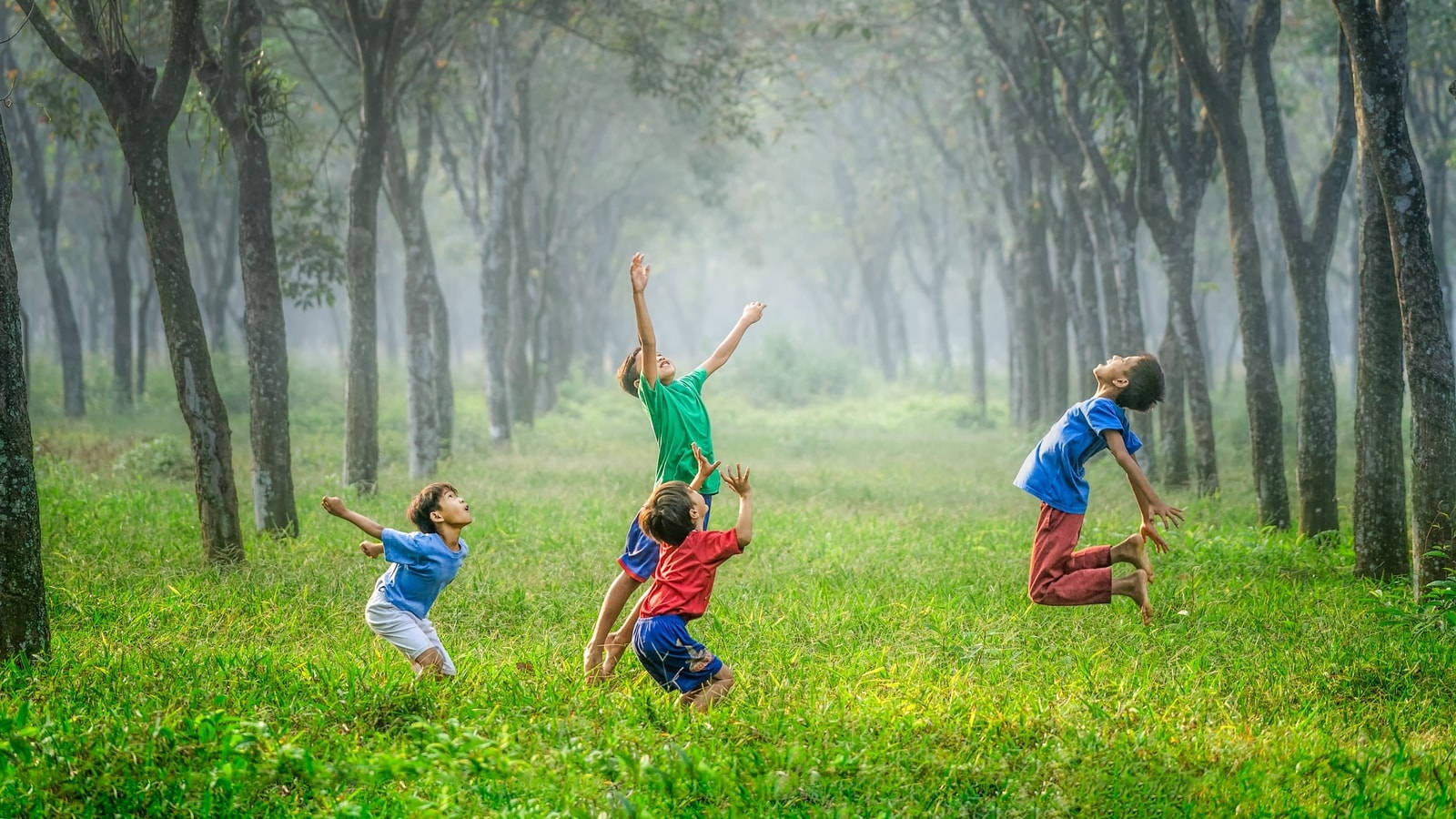 Children Jumping In The Forest Background