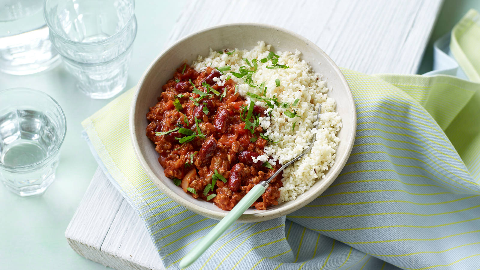 Chili Con Carne Dish With Rice Background