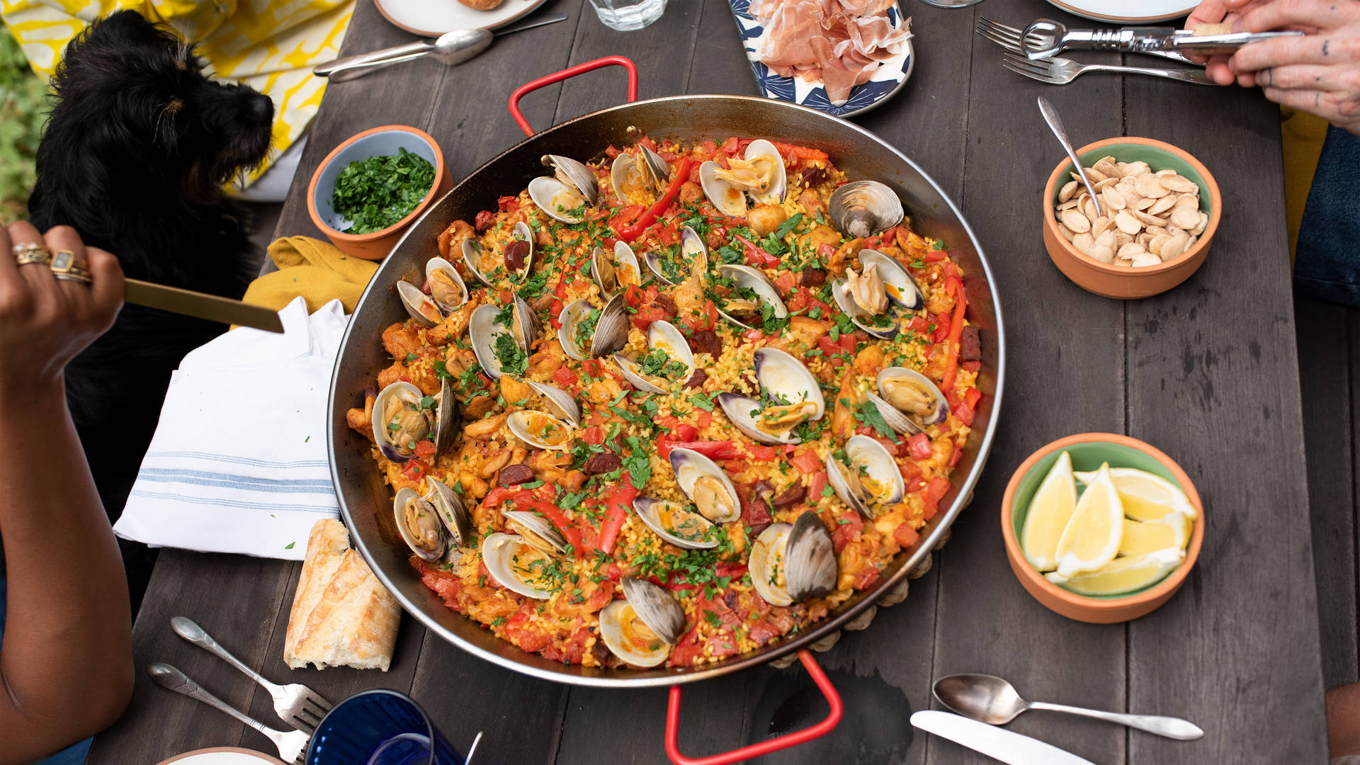 Chili Paella With Almonds, Lemons, And Peppers Background