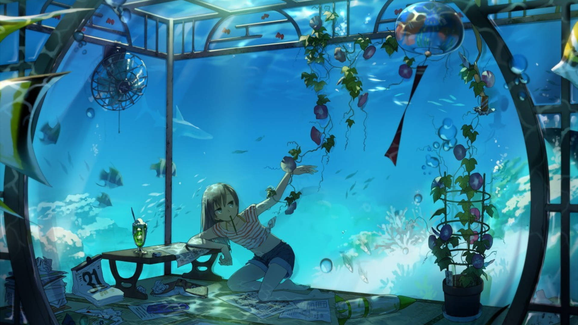 Chill Anime Girl In Aquarium Background