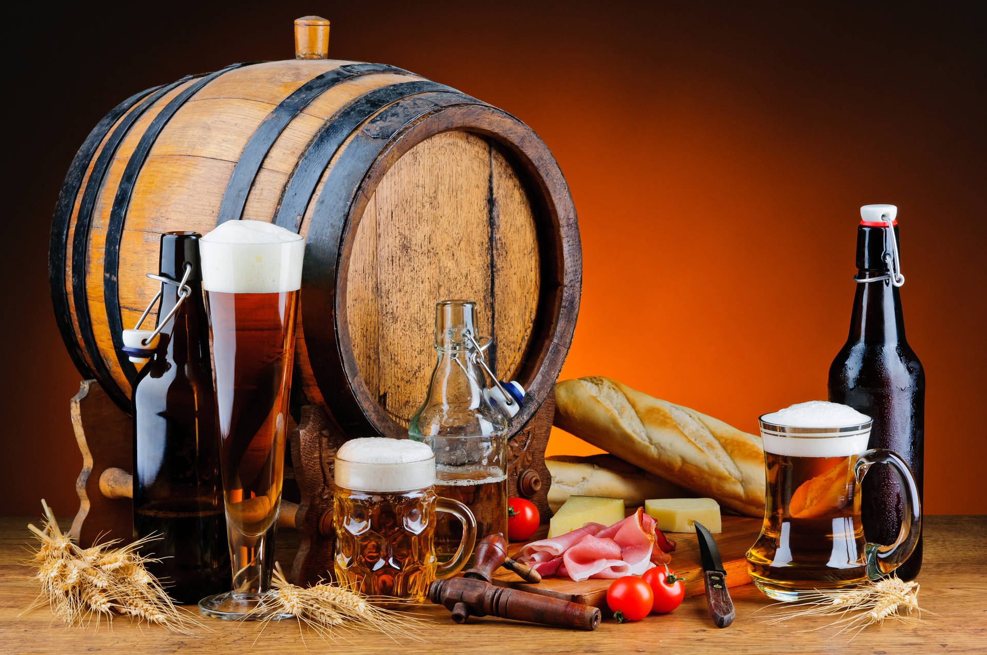 Chilled Beer Bottles With An Old Barrel Background