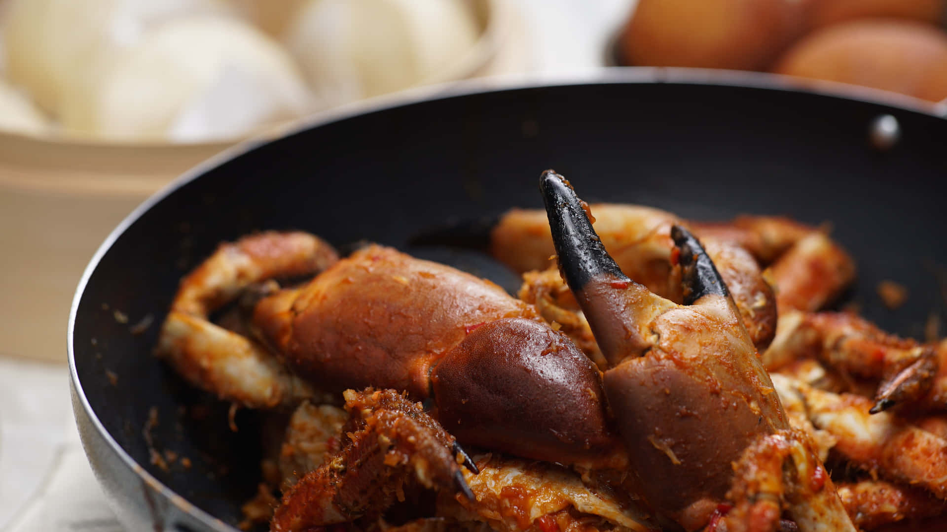 Chilli Crab Claws In A Pan Background